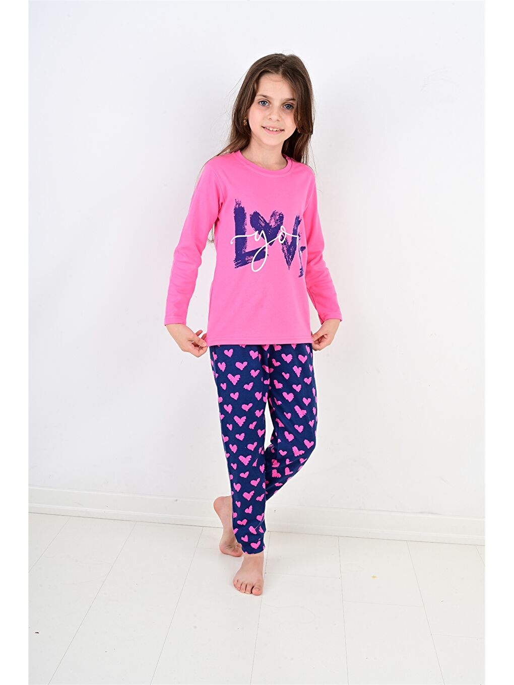 Vitmo Koyu Pembe Bisiklet Yaka Uzun Kollu Baskılı Kız Bebek Pijama Takım - 1