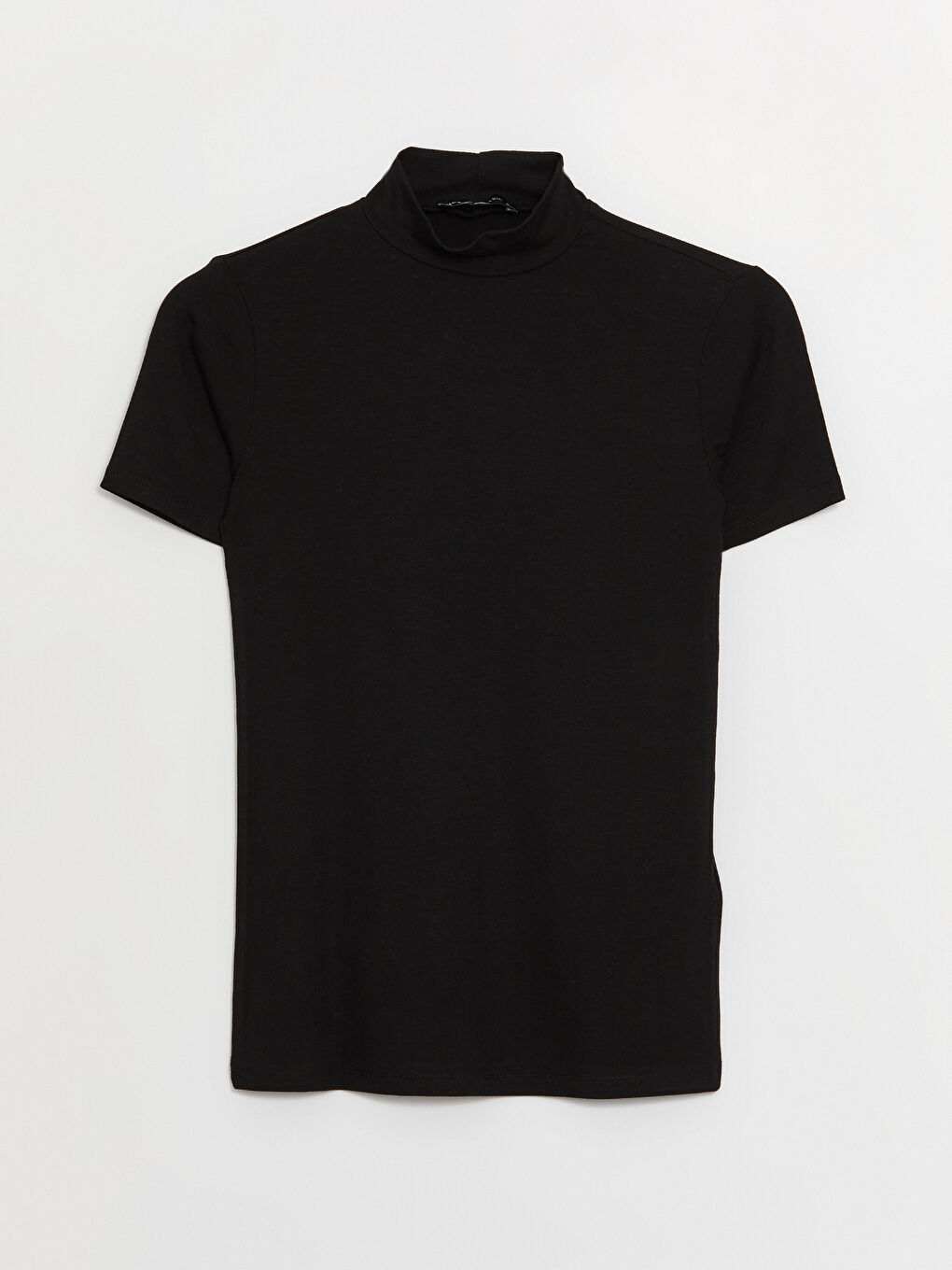 Siyah Dik Yaka Düz Kısa Kollu Kadın Tişört-5