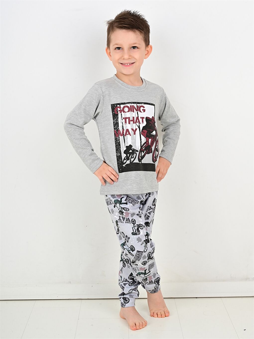 Karışık Bisiklet Yaka Baskılı Erkek Bebek Pijama Takımı-2