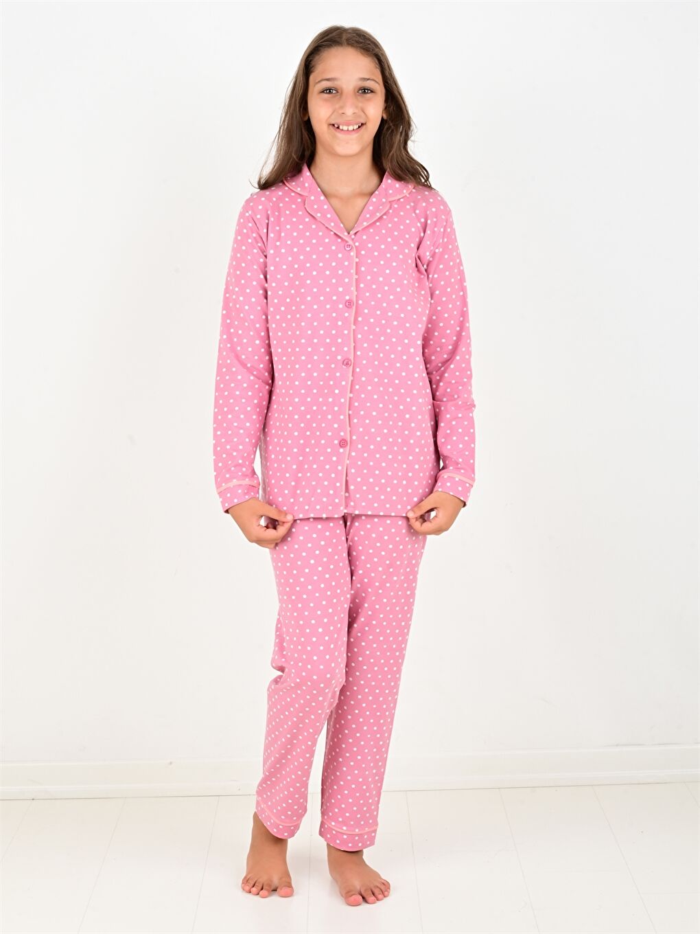 Vitmo Pembe Gömlek Yaka Puantiyeli Uzun Kollu Kız Çocuk Pijama Takımı - 3