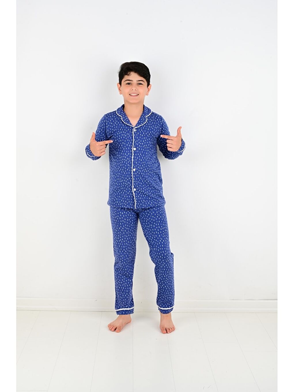 İndigo Gömlek Yaka Baskılı Uzun Kollu Erkek Çocuk Pijama Takımı-1