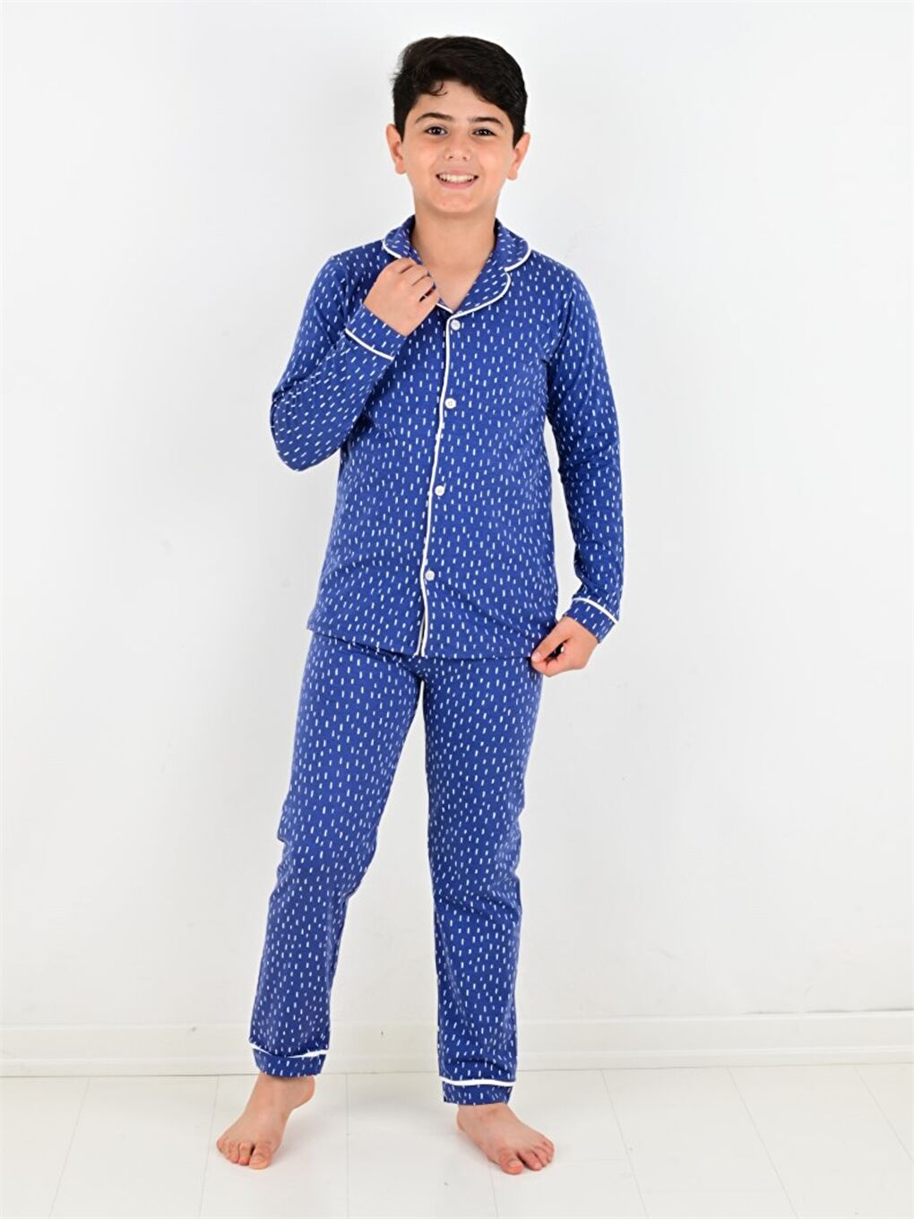 İndigo Gömlek Yaka Baskılı Uzun Kollu Erkek Çocuk Pijama Takımı