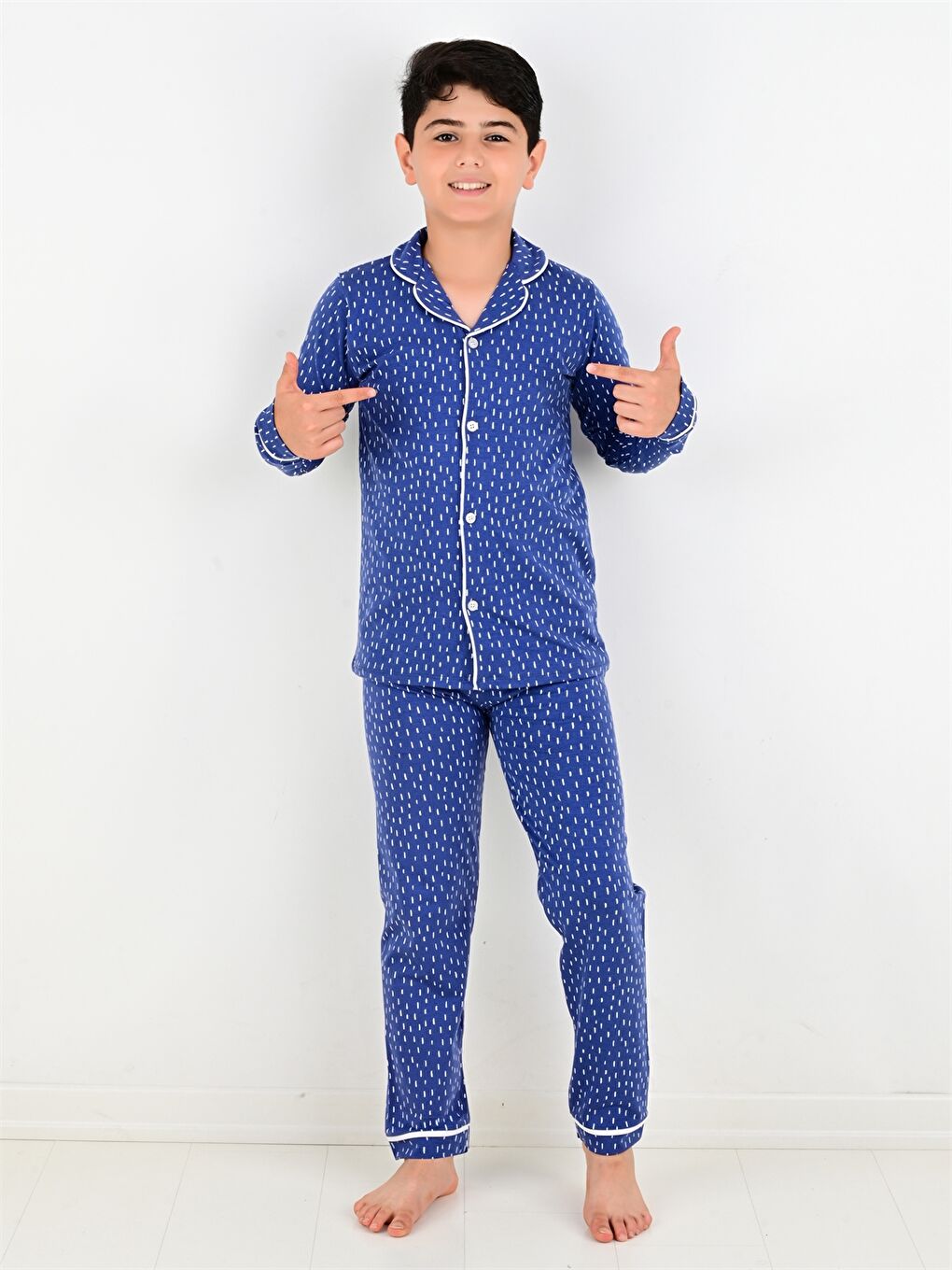 İndigo Gömlek Yaka Baskılı Uzun Kollu Erkek Çocuk Pijama Takımı-2