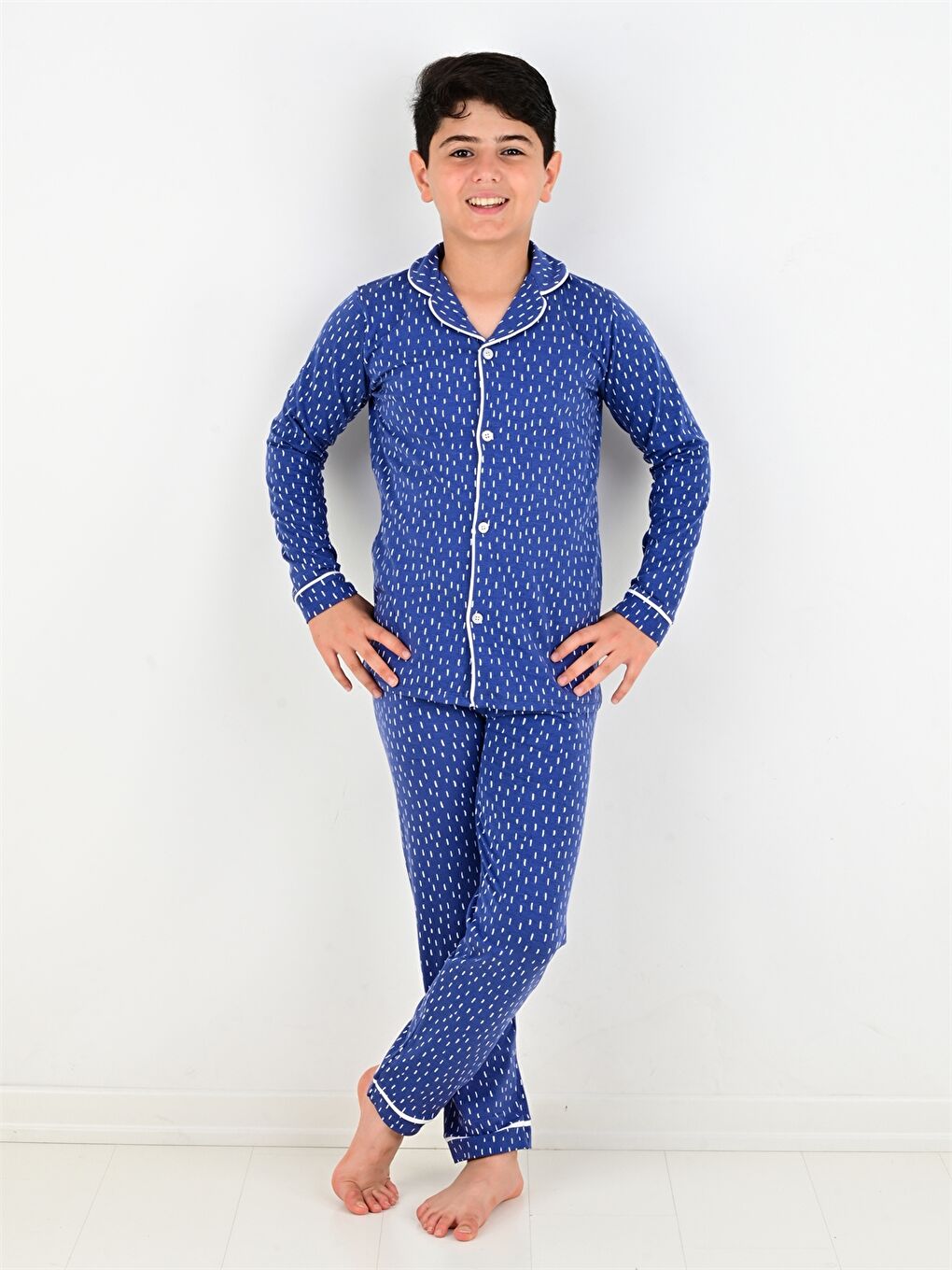 İndigo Gömlek Yaka Baskılı Uzun Kollu Erkek Çocuk Pijama Takımı-3