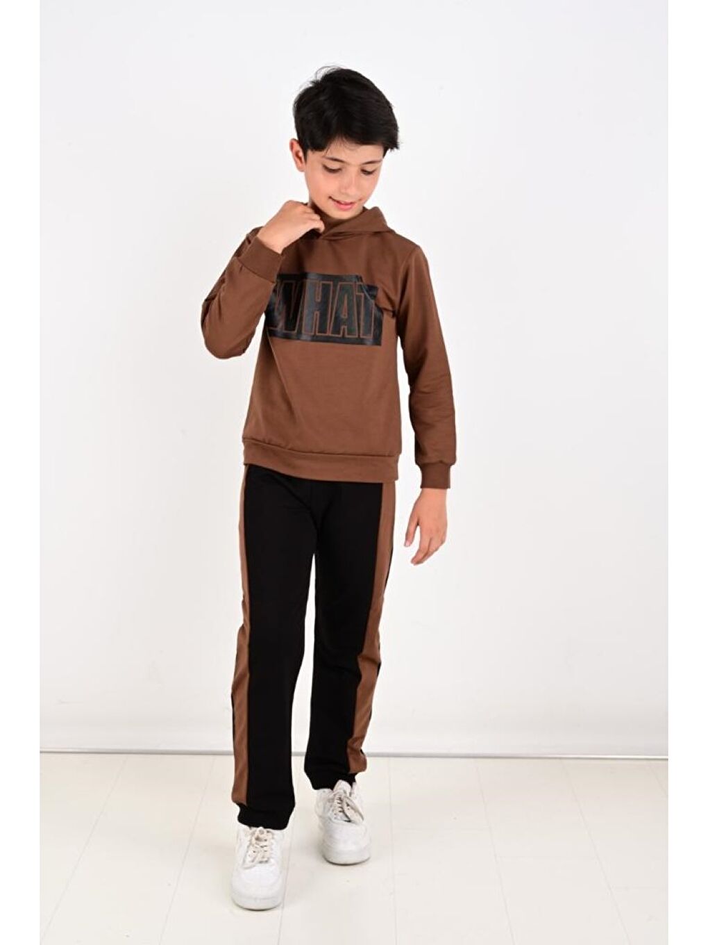 Kahverengi Baskılı Uzun Kollu Erkek Çocuk Hoodie ve Eşofman Altı-1