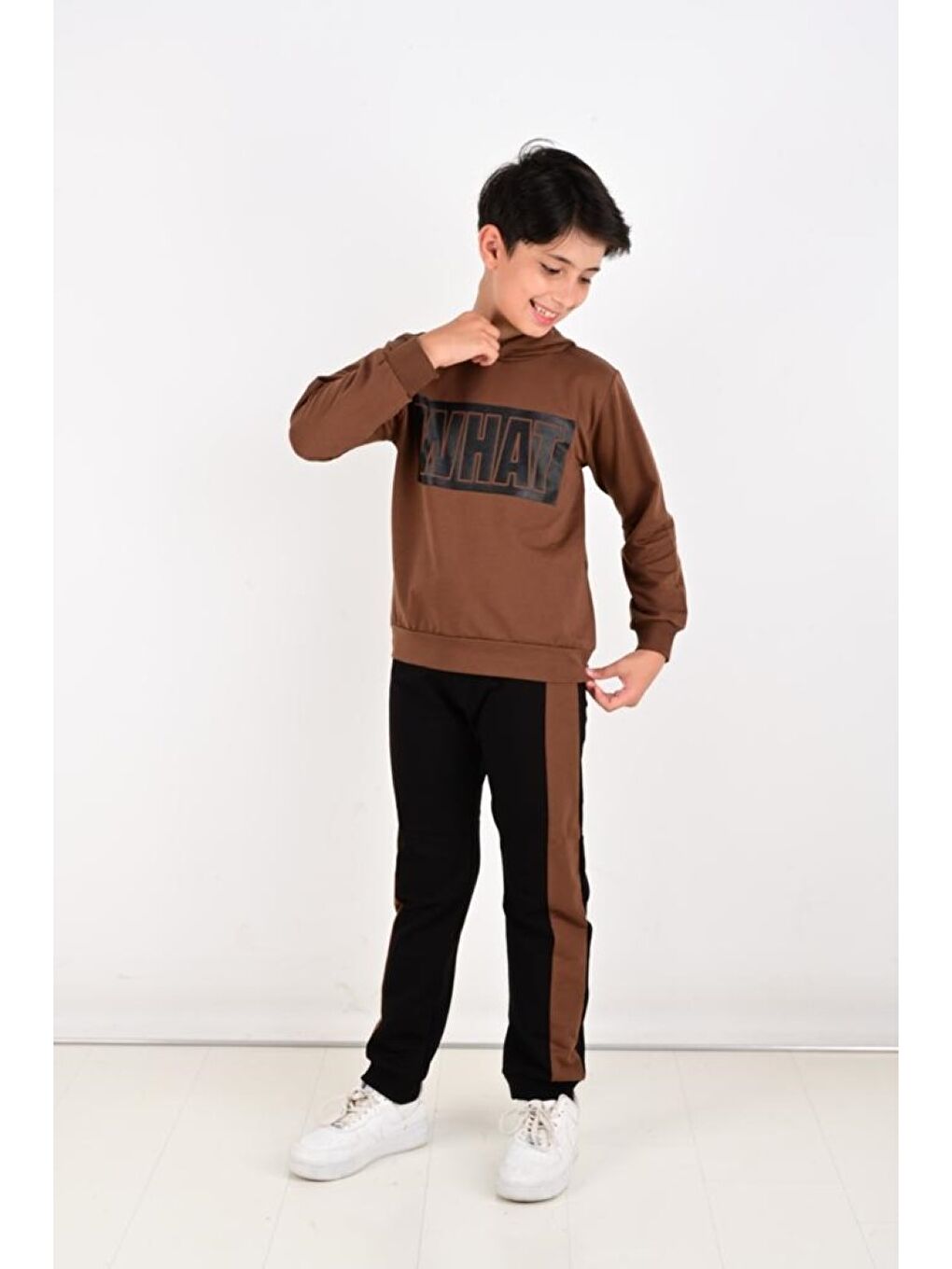 Kahverengi Baskılı Uzun Kollu Erkek Çocuk Hoodie ve Eşofman Altı-2