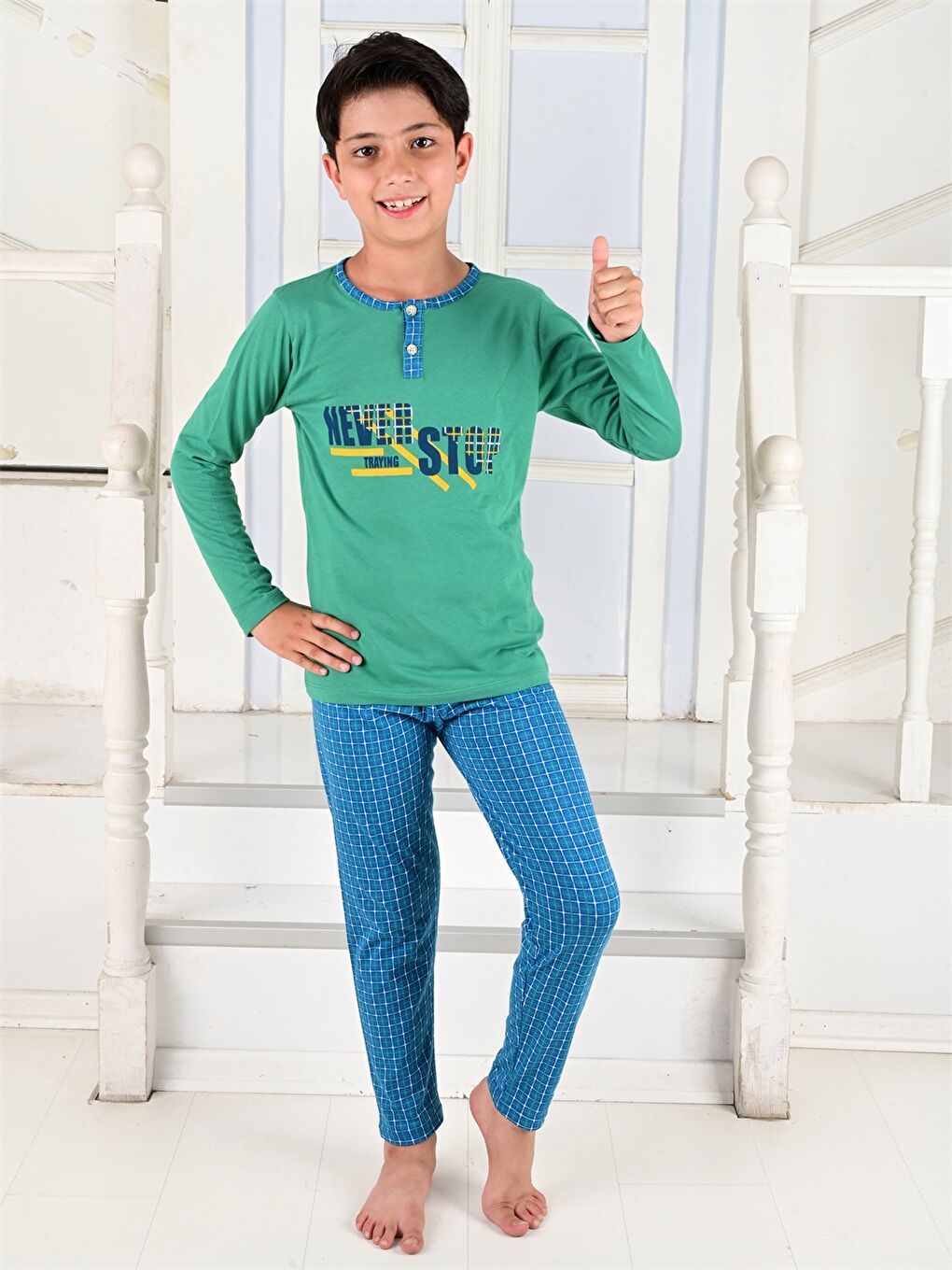 Yeşil Bisiklet Yaka Baskılı Uzun Kollu Erkek Çocuk Pijama Takımı-1