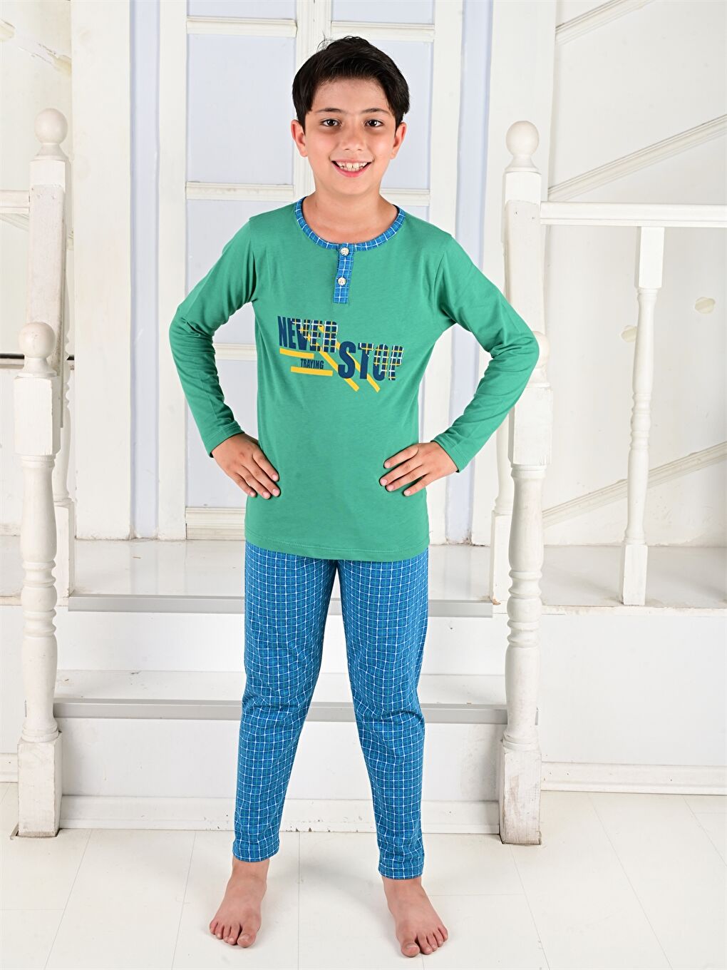 Yeşil Bisiklet Yaka Baskılı Uzun Kollu Erkek Çocuk Pijama Takımı-2