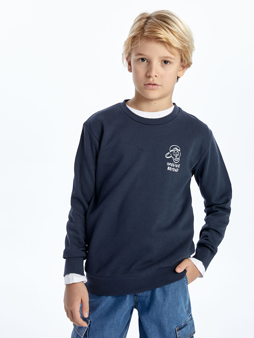 LCW Kids Lacivert Bisiklet Yaka Baskılı Uzun Kollu Erkek Çocuk Sweatshirt