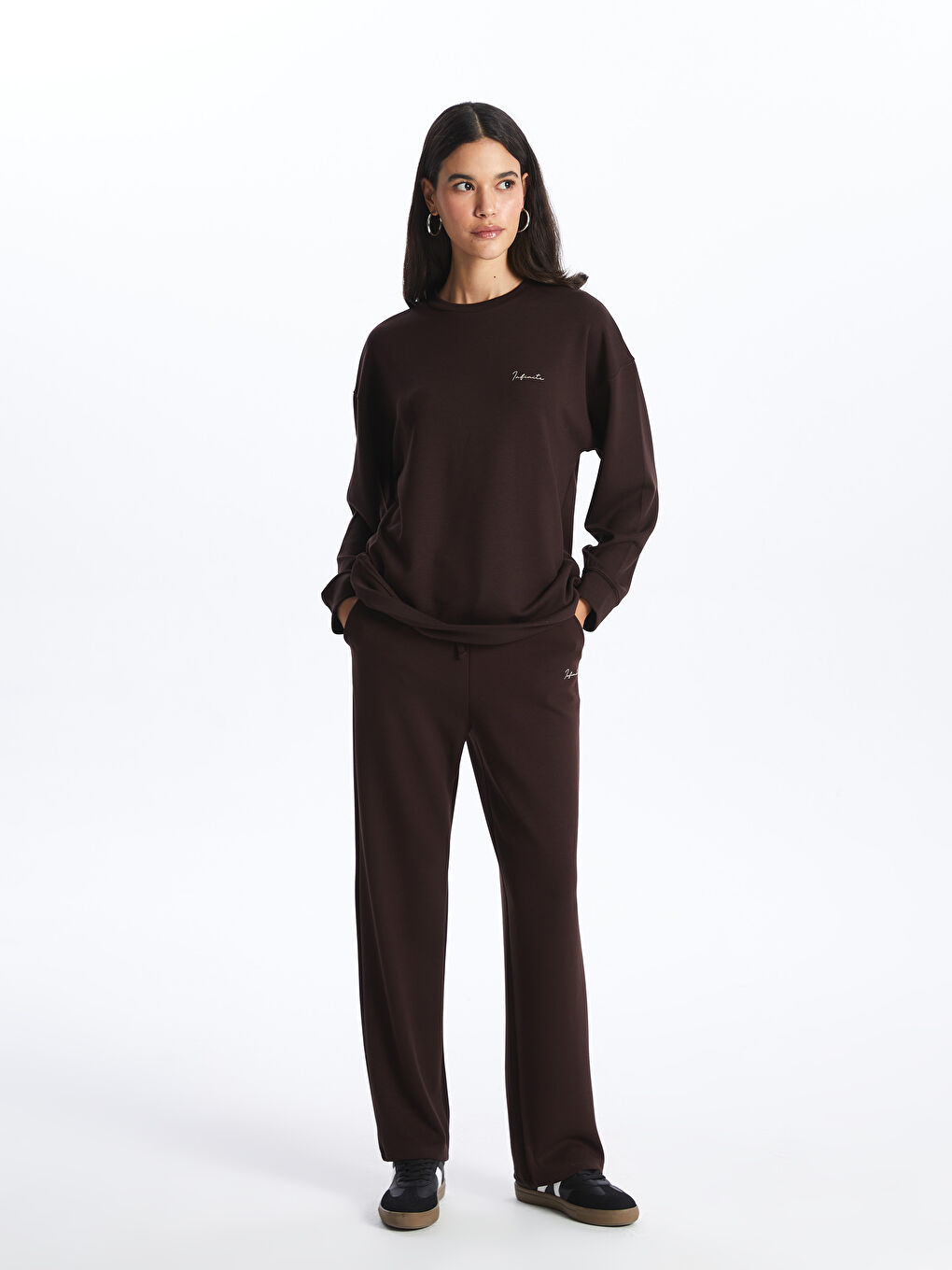 Kahverengi Beli Lastikli Baskılı Kadın Kalın Eşofman Altı-1