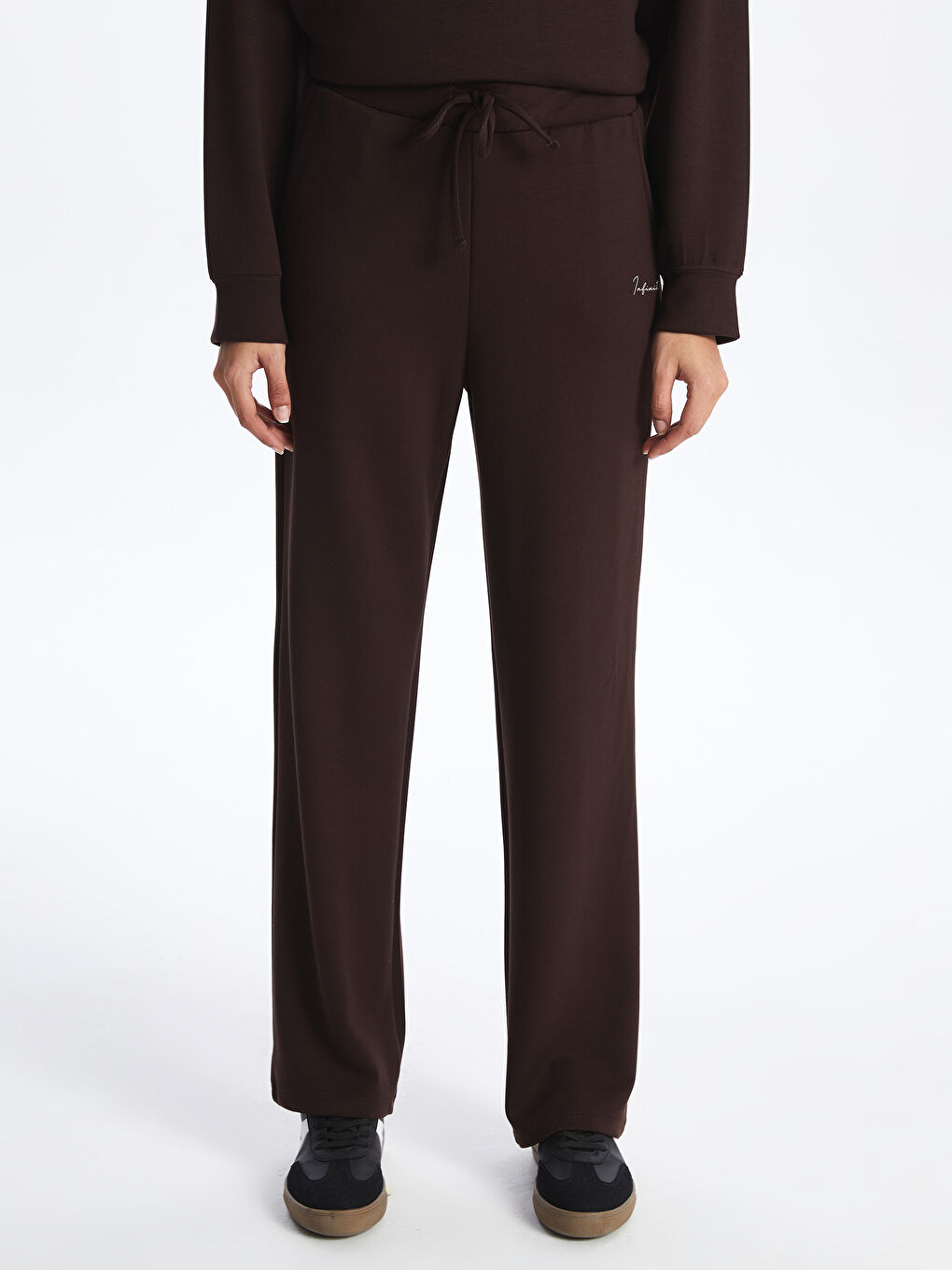 Kahverengi Beli Lastikli Baskılı Kadın Kalın Eşofman Altı-2