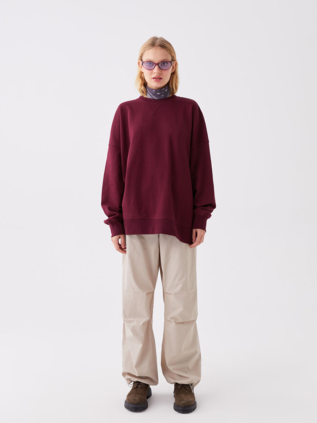 LCW Vision Bordo Bisiklet Yaka Oversize Kadın Kalın Sweatshirt - 2