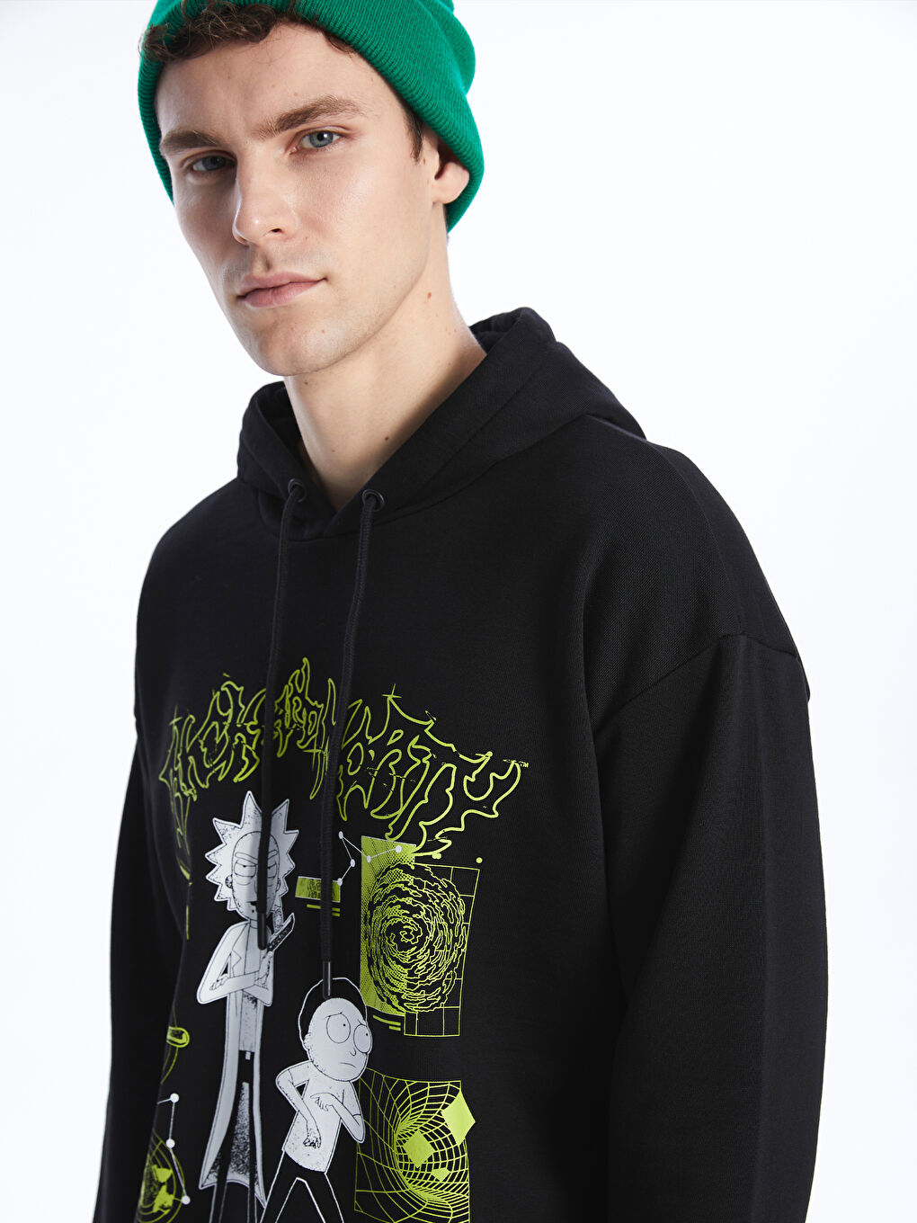 XSIDE Yeni Siyah Uzun Kollu Rick and Morty Baskılı Erkek Hoodie