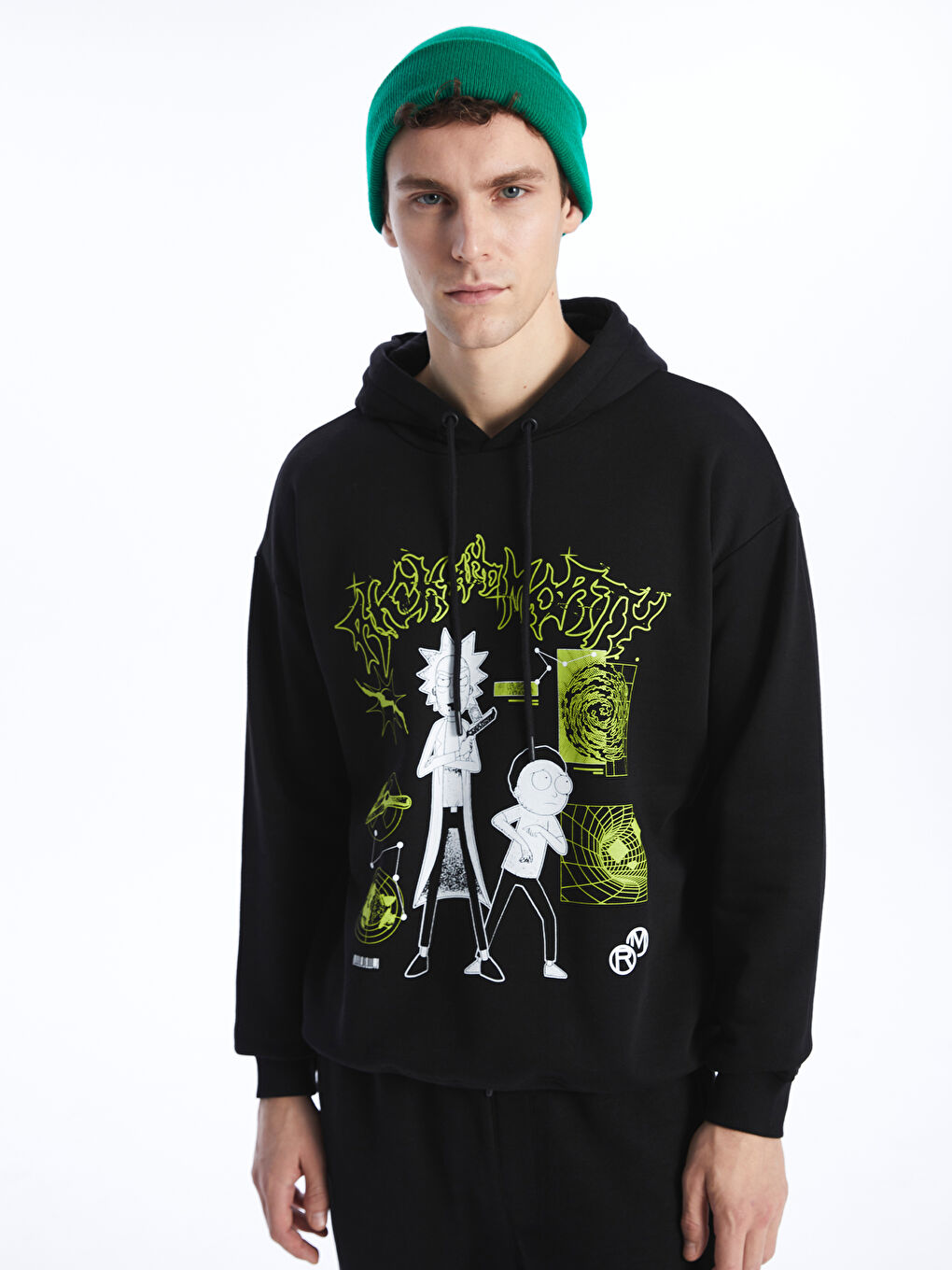 XSIDE Yeni Siyah Uzun Kollu Rick and Morty Baskılı Erkek Hoodie - 1