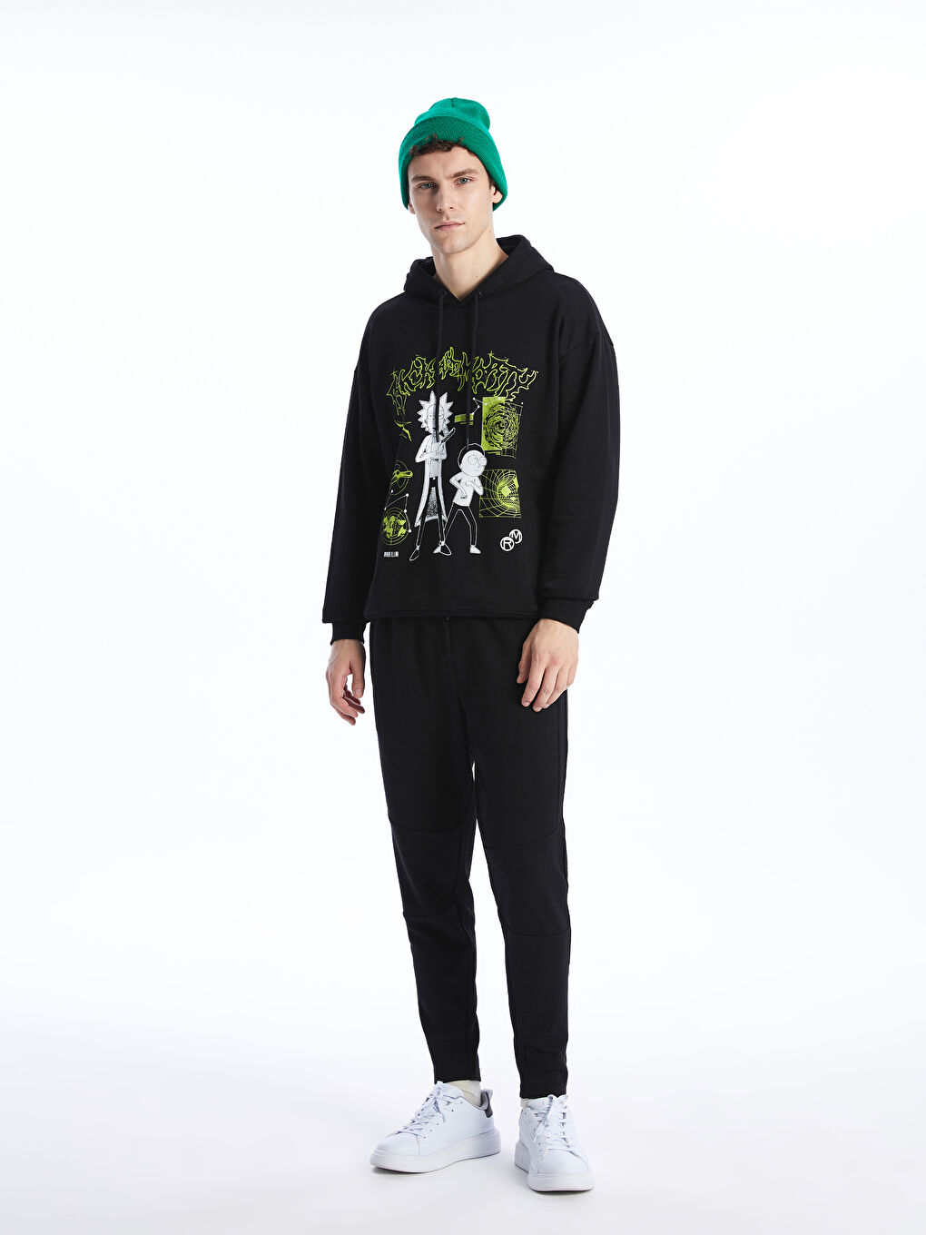 XSIDE Yeni Siyah Uzun Kollu Rick and Morty Baskılı Erkek Hoodie - 2