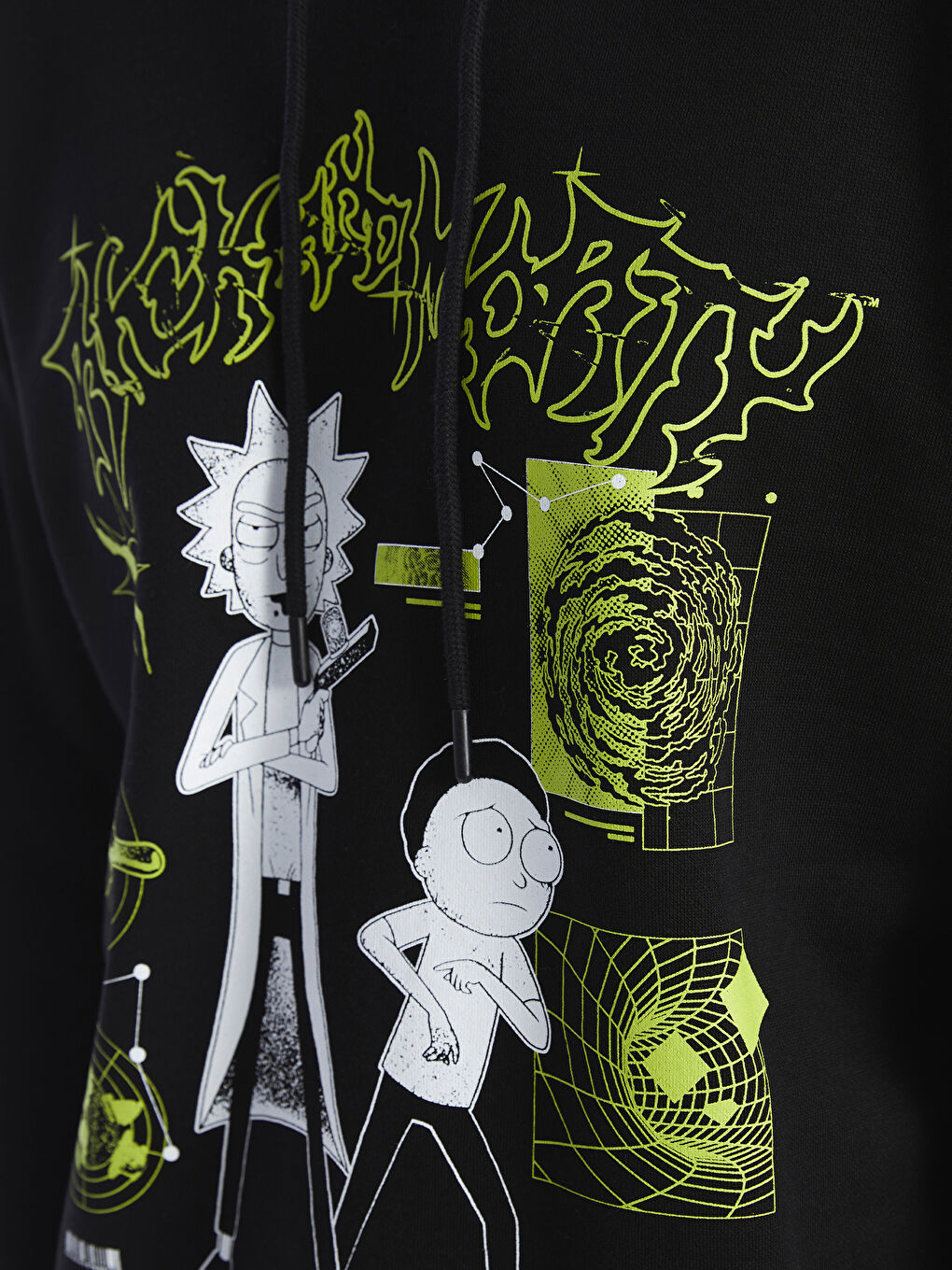 XSIDE Yeni Siyah Uzun Kollu Rick and Morty Baskılı Erkek Hoodie - 3