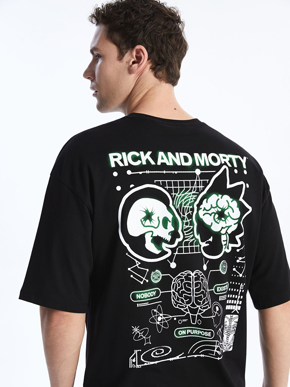 XSIDE Yeni Siyah Bisiklet Yaka Rick and Morty Baskılı Penye Erkek Tişört