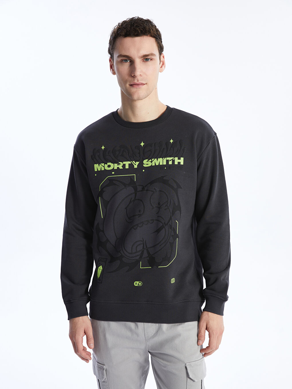 XSIDE Antrasit Bisiklet Yaka Uzun Kollu Rick and Morty Baskılı Erkek Sweatshirt