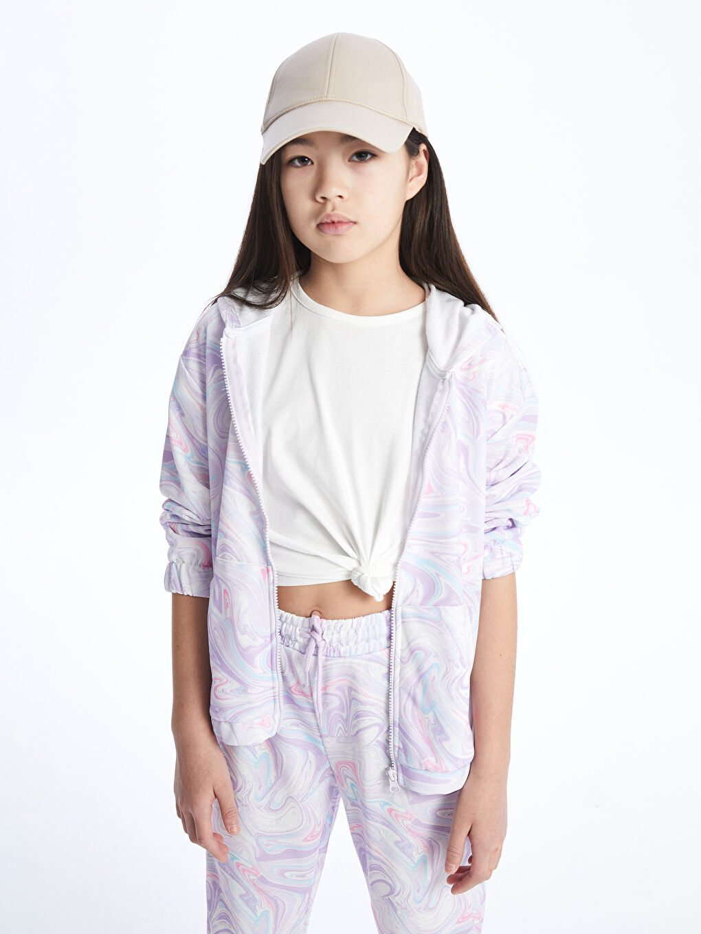 Hooded Batik Patterned Long Sleeve Girls' Zip-Up Sweatshirt