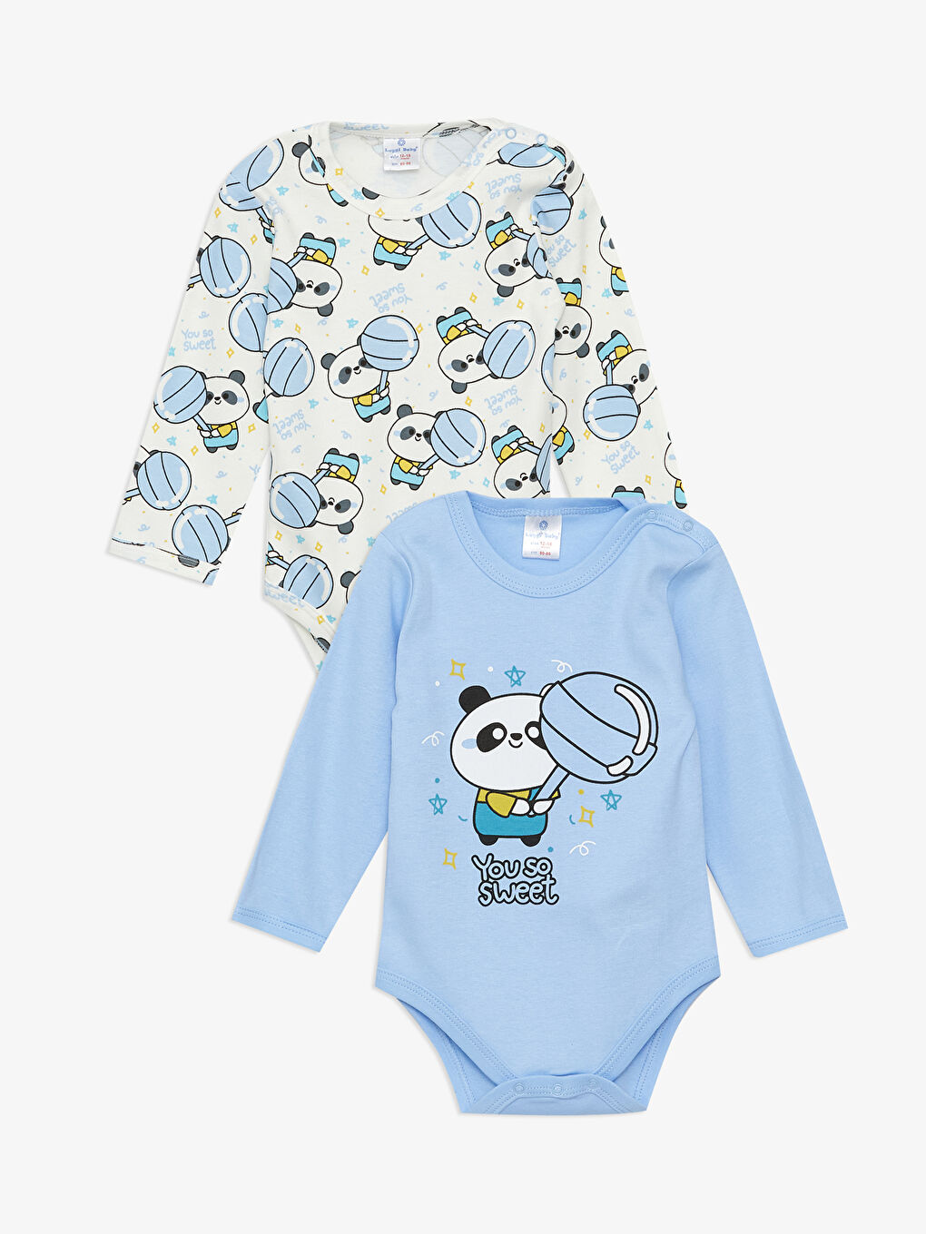 Mavi Bisiklet Yaka Uzun Kollu Baskılı Erkek Bebek Çıtçıtlı Bodysuit  2'li