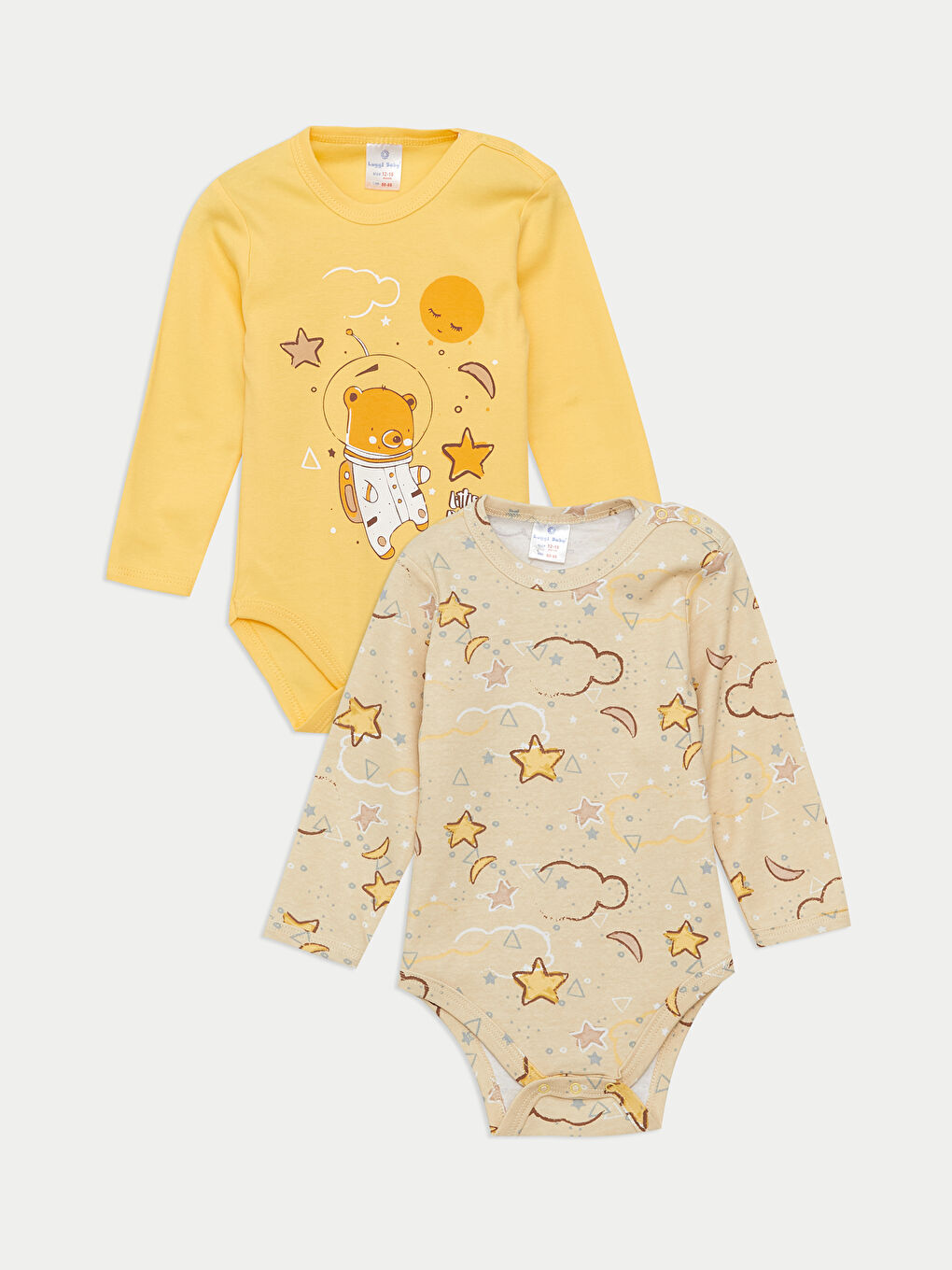 Sarı Bisiklet Yaka Uzun Kollu Baskılı Erkek Bebek Çıtçıtlı Bodysuit  2'li