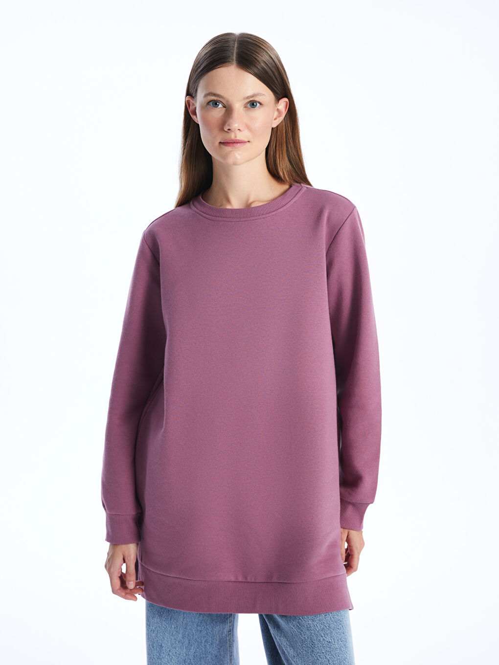 LCW Modest Pudra Pembe Bisiklet Yaka Düz Kadın Kalın Sweatshirt Tunik