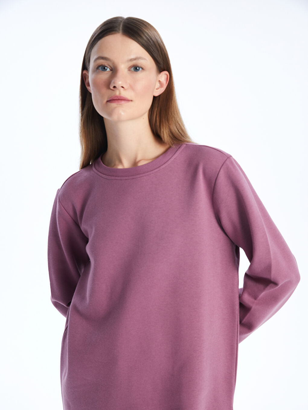 LCW Modest Pudra Pembe Bisiklet Yaka Düz Uzun Kollu Kadın Sweatshirt Tunik - 2