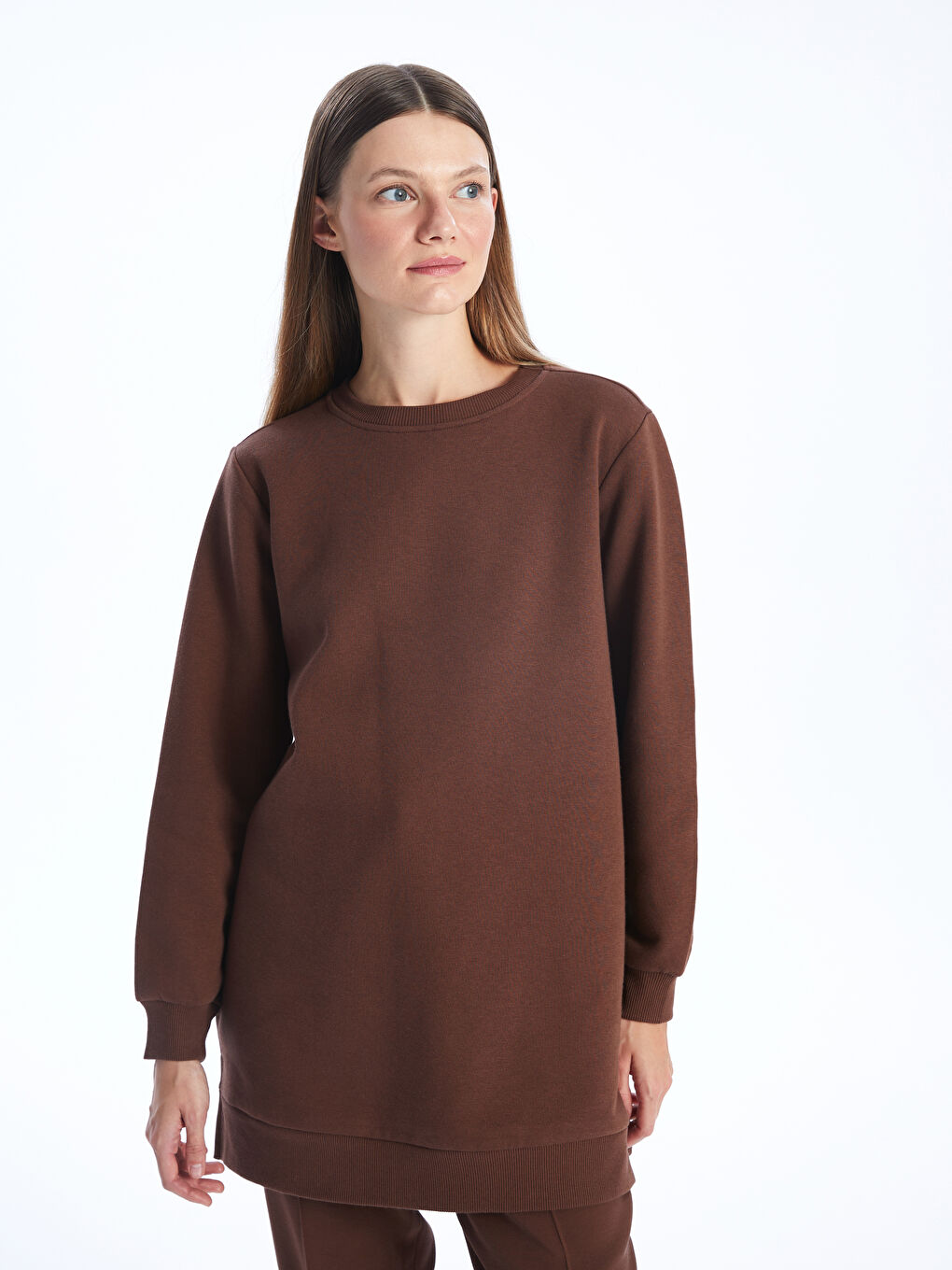 LCW Modest Kahverengi Bisiklet Yaka Düz Kadın Kalın Sweatshirt Tunik - 1