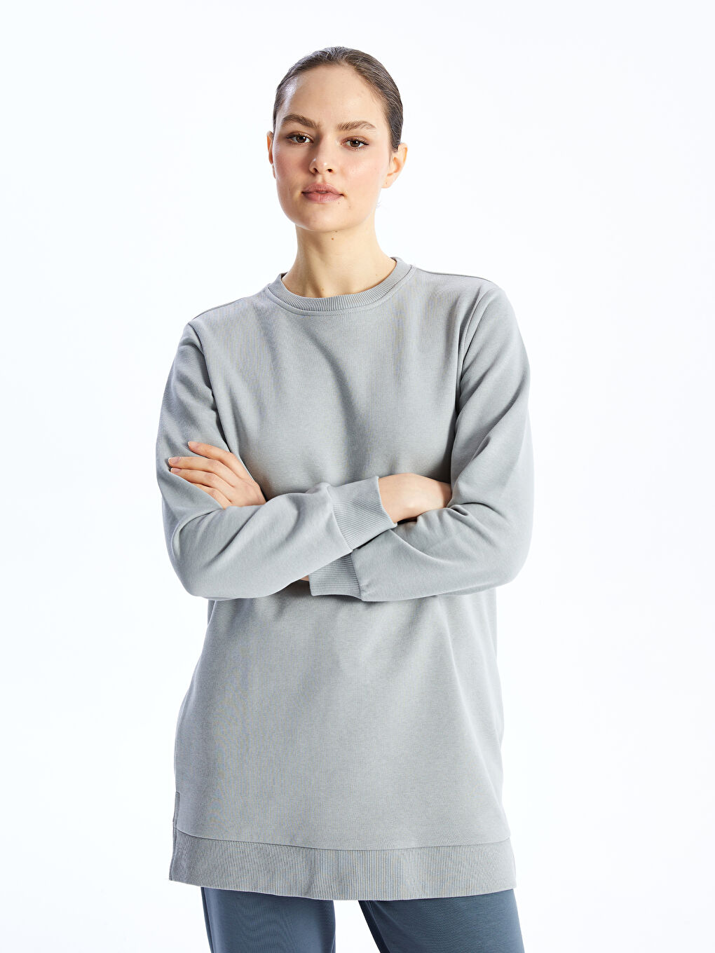 LCW Modest Açık Gri Bisiklet Yaka Düz Kadın Kalın Sweatshirt Tunik