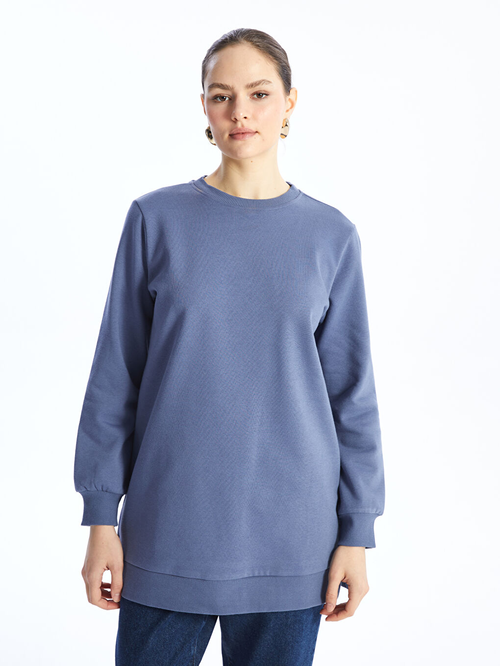 LCW Modest Mat Mavi Bisiklet Yaka Düz Kadın Kalın Sweatshirt Tunik