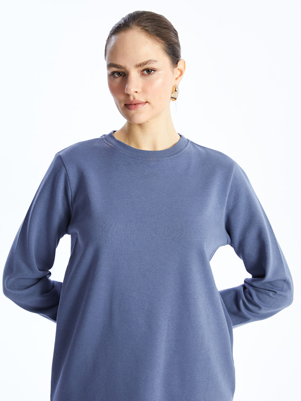 LCW Modest Mat Mavi Bisiklet Yaka Düz Kadın Kalın Sweatshirt Tunik - 1