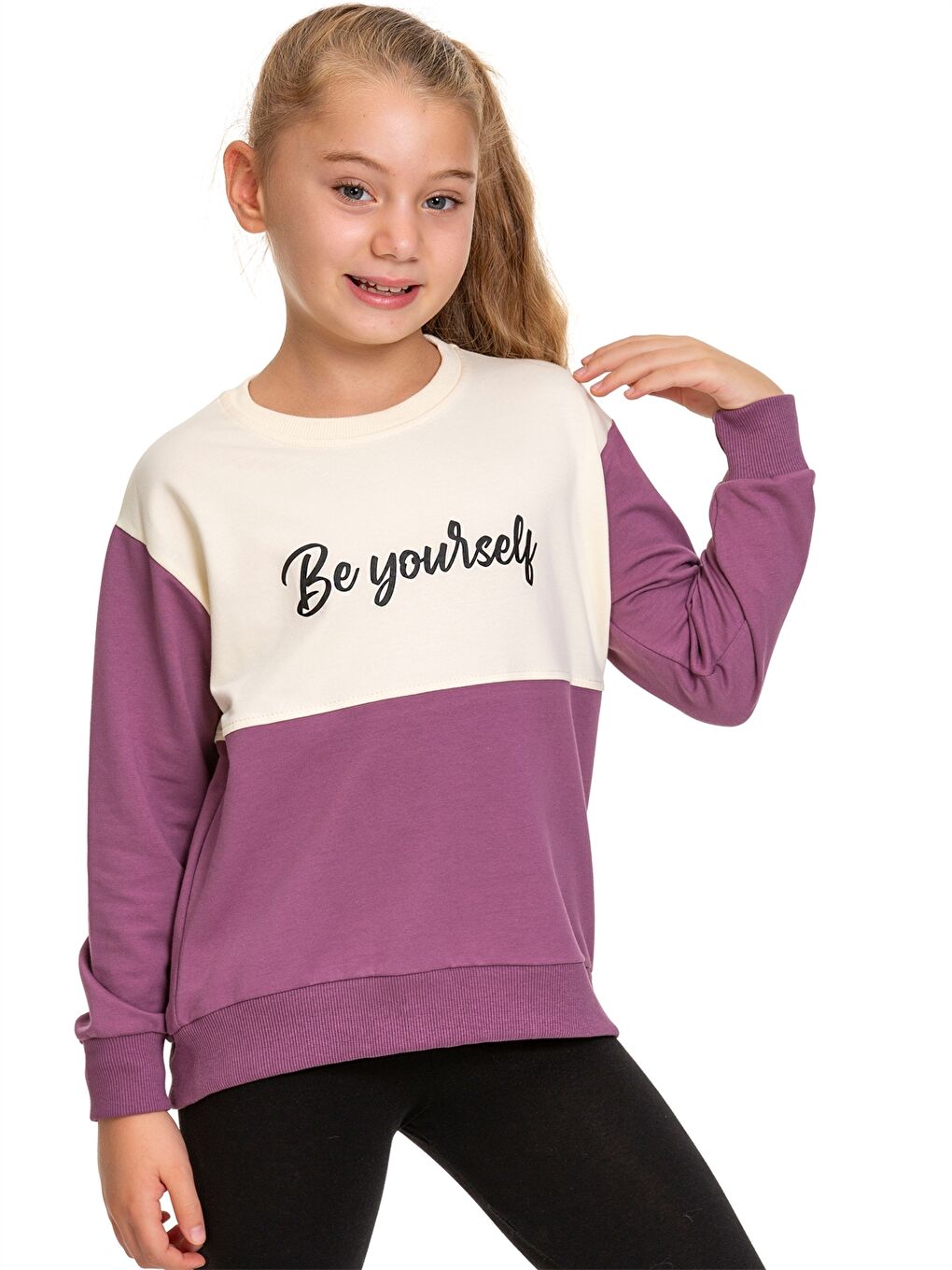 Myhanne Mor Bisiklet Yaka Baskılı Uzun Kollu Kız Çocuk Sweatshirt