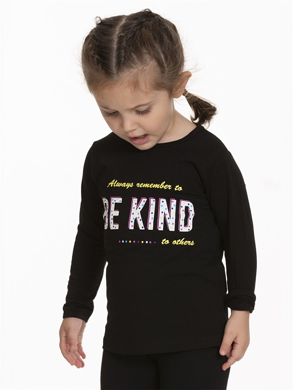 Siyah Bisiklet Yaka Uzun Kollu Baskılı Kız Bebek Tişört