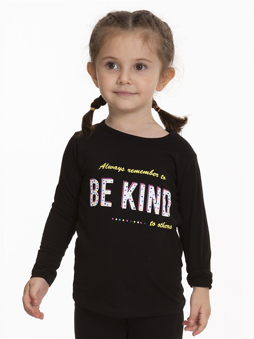 Siyah Bisiklet Yaka Uzun Kollu Baskılı Kız Bebek Tişört-1