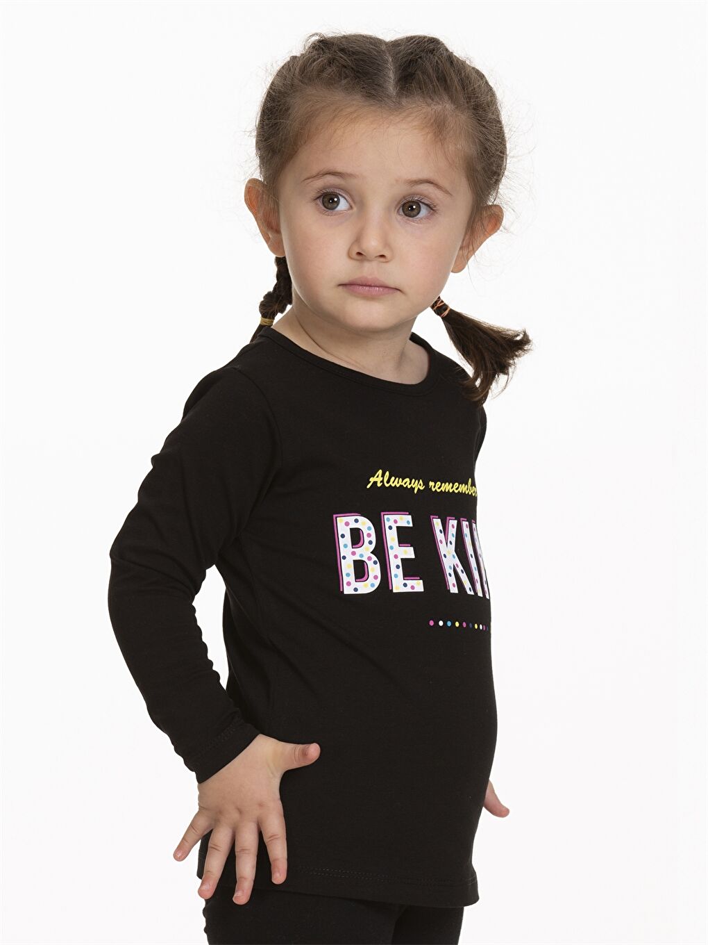 Siyah Bisiklet Yaka Uzun Kollu Baskılı Kız Bebek Tişört-2