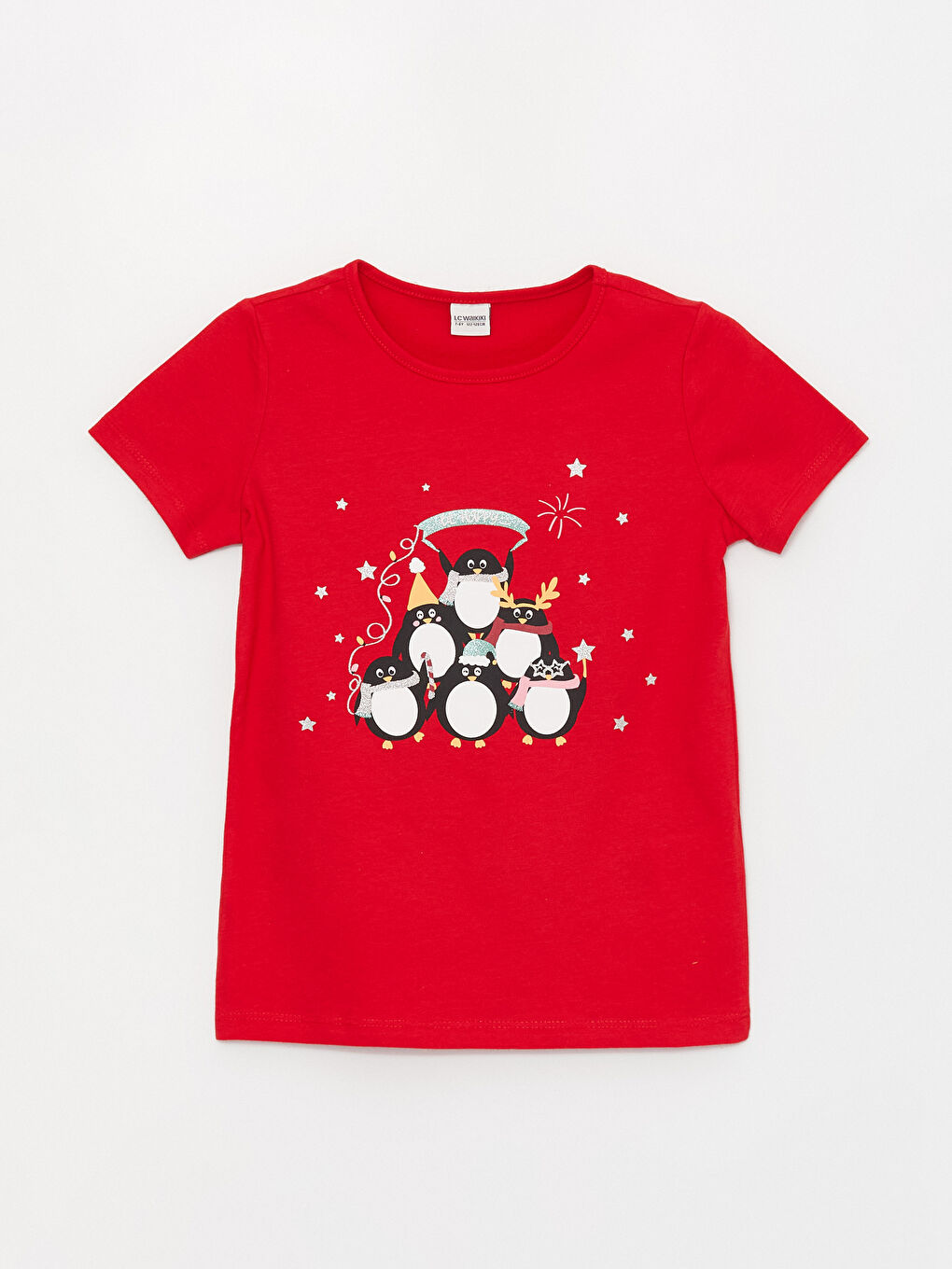 Kırmızı Bisiklet Yaka Yılbaşı Temalı Kısa Kollu Kız Çocuk Tişört