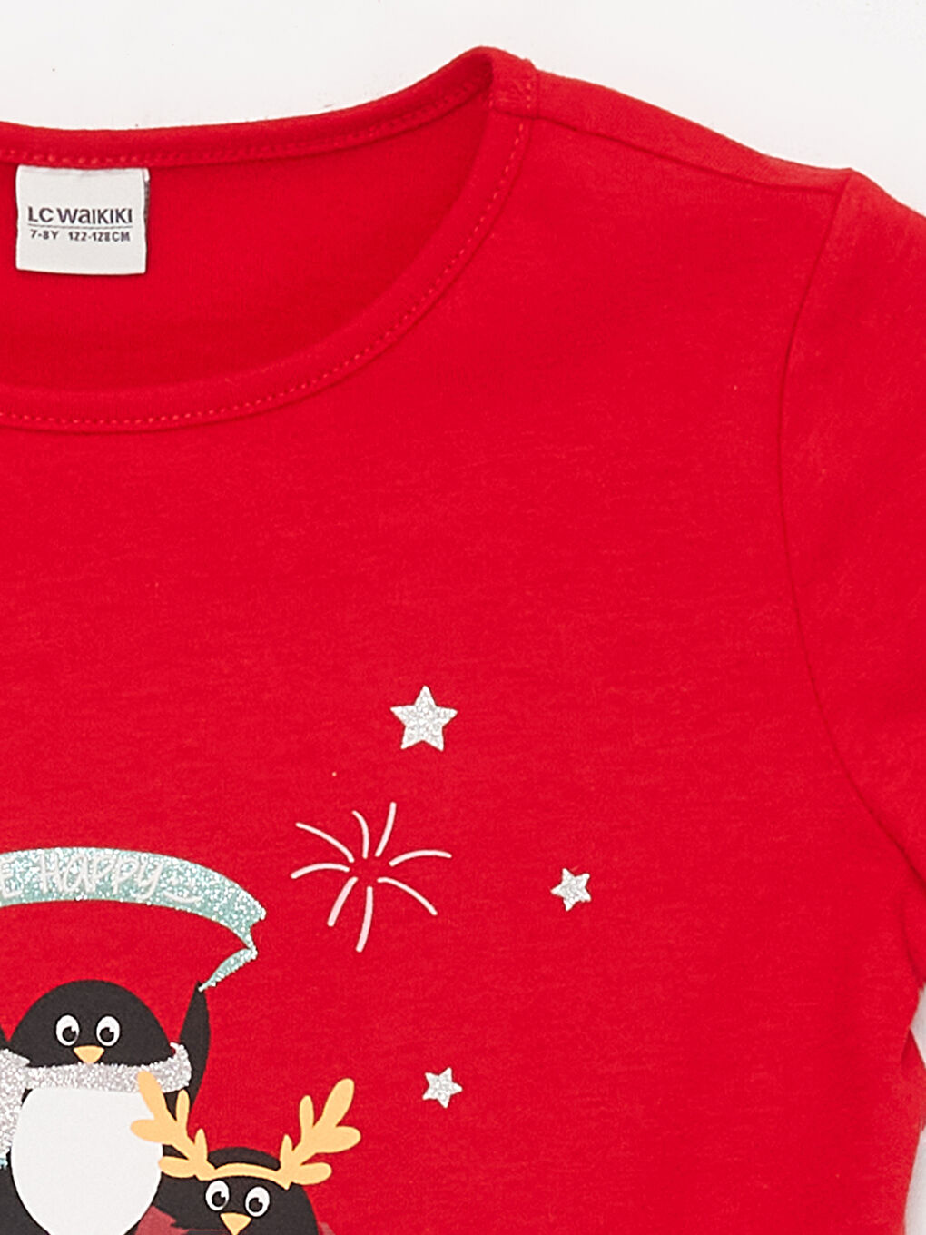 Kırmızı Bisiklet Yaka Yılbaşı Temalı Kısa Kollu Kız Çocuk Tişört-1