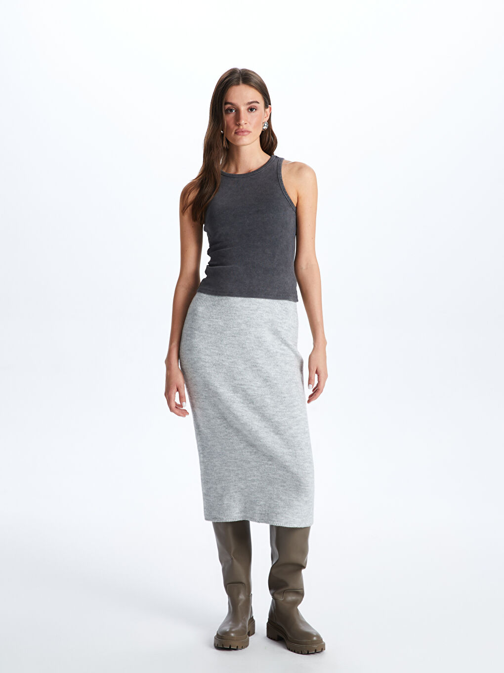 Antrasit Kadın Bisiklet Yaka Düz Atlet-1