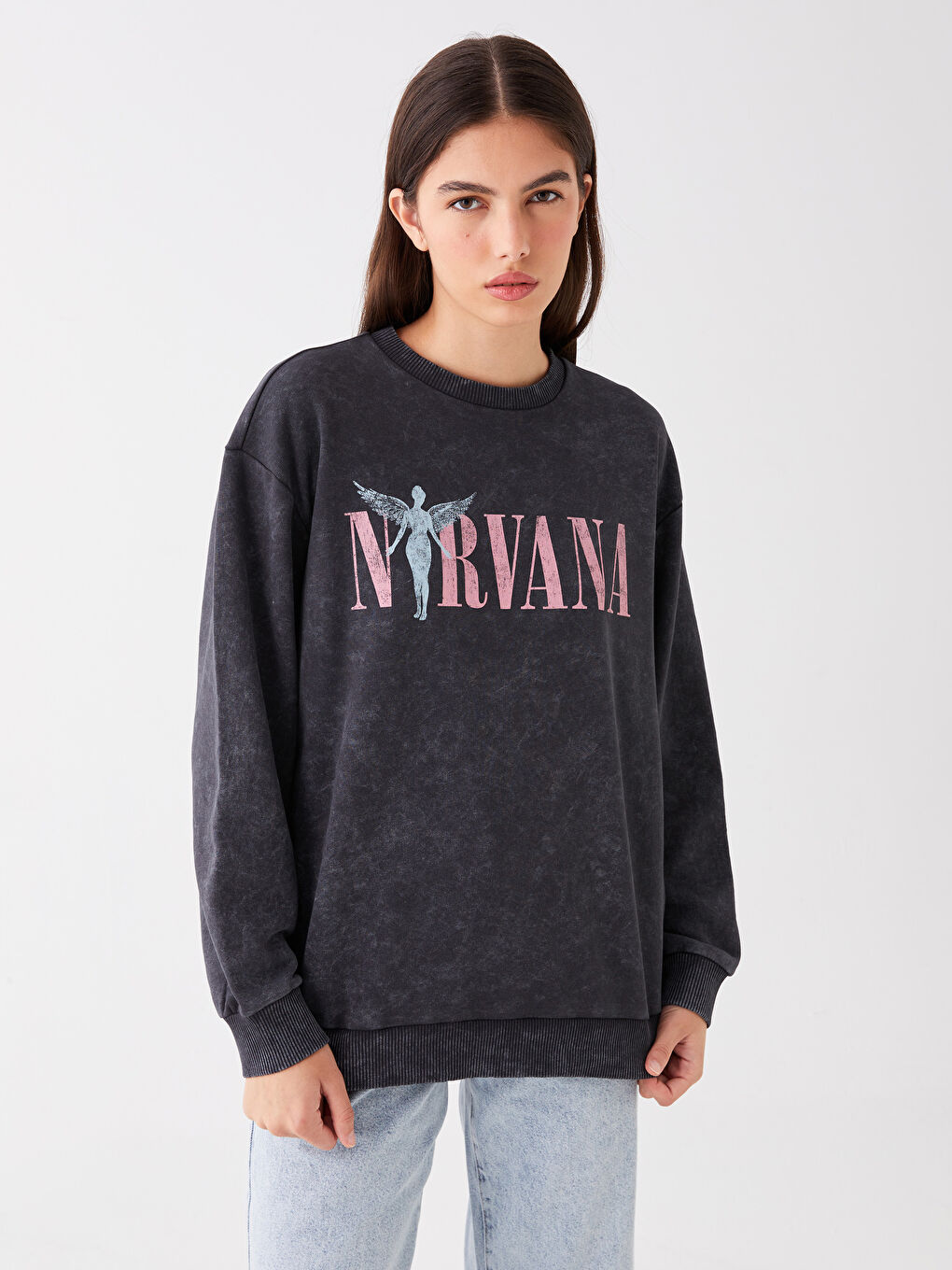 LCW Vision Antrasit Bisiklet Yaka Nirvana Baskılı Uzun Kollu Oversize Kadın Sweatshirt - 1