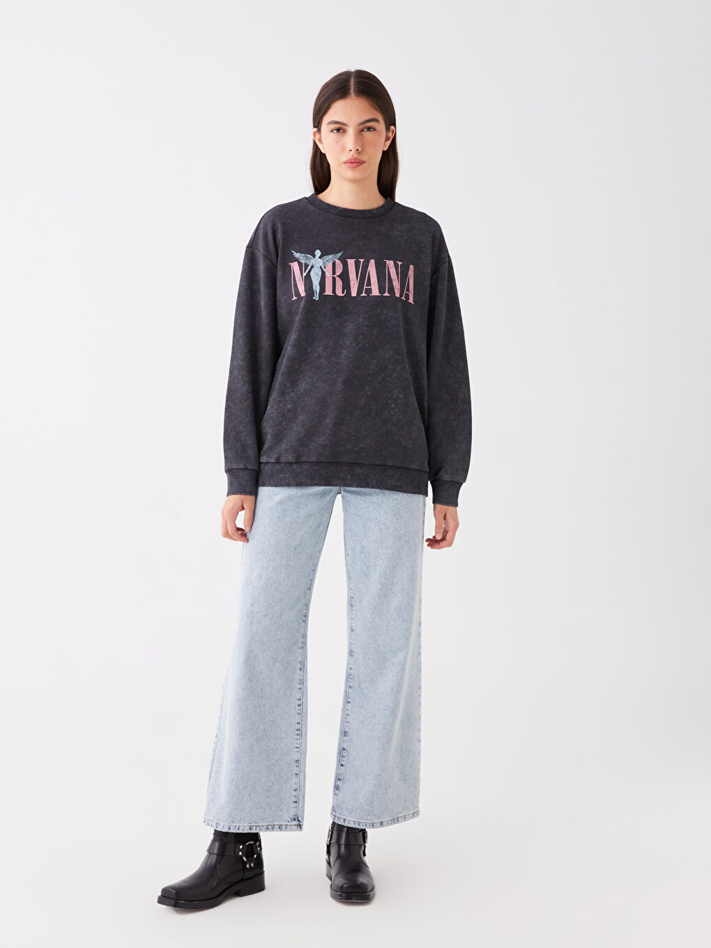 LCW Vision Antrasit Bisiklet Yaka Nirvana Baskılı Uzun Kollu Oversize Kadın Sweatshirt - 2