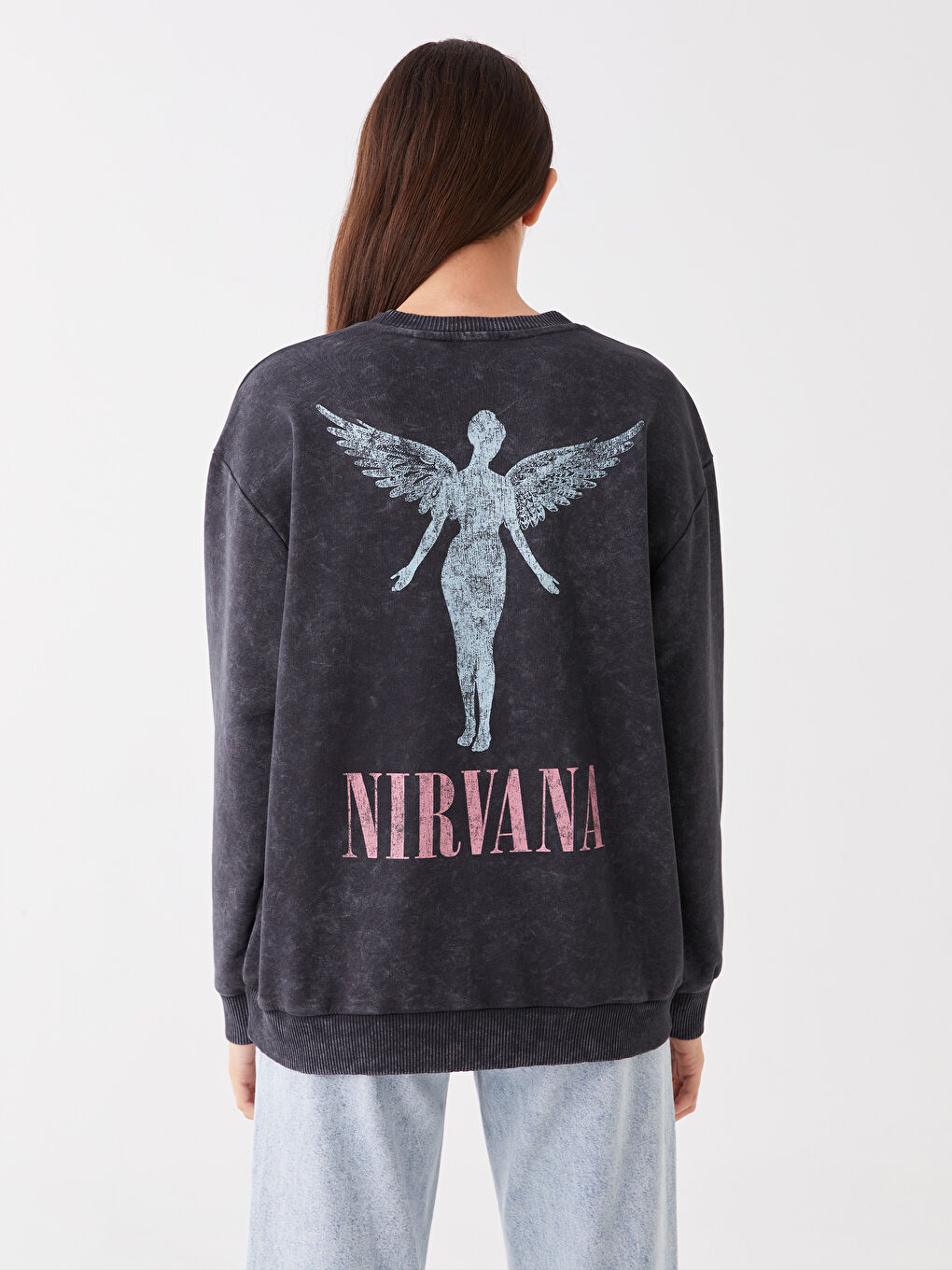 LCW Vision Antrasit Bisiklet Yaka Nirvana Baskılı Uzun Kollu Oversize Kadın Sweatshirt - 4