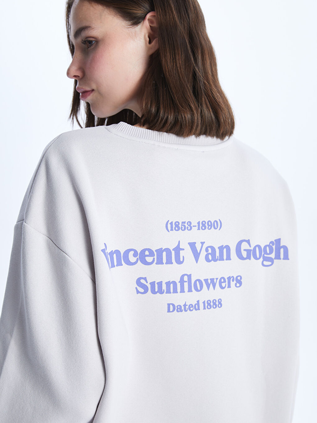 Gri Bisiklet Yaka Vincent Van Gogh Baskılı Oversize Kadın Kalın Sweatshirt