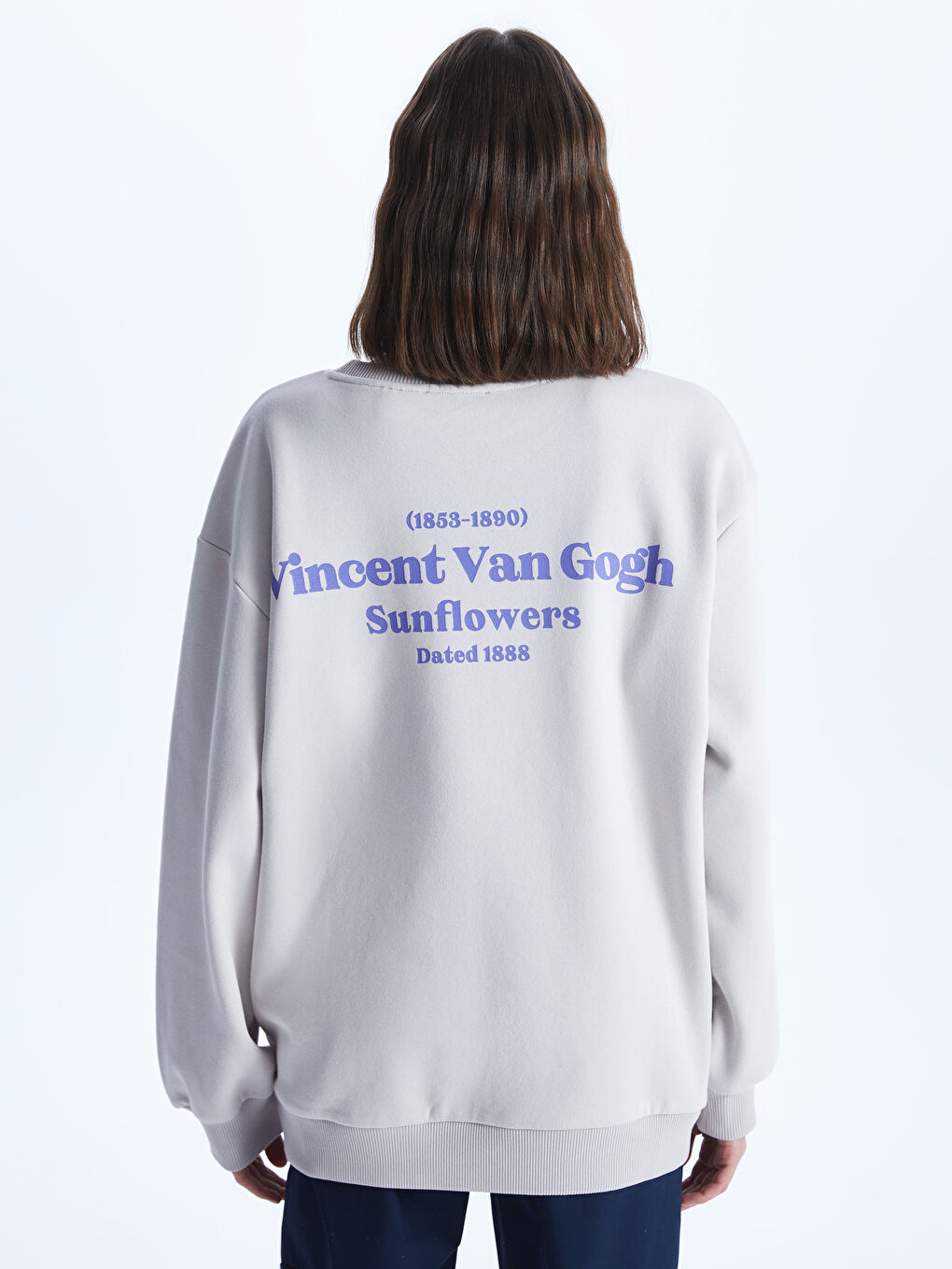 Gri Bisiklet Yaka Vincent Van Gogh Baskılı Oversize Kadın Kalın Sweatshirt-4