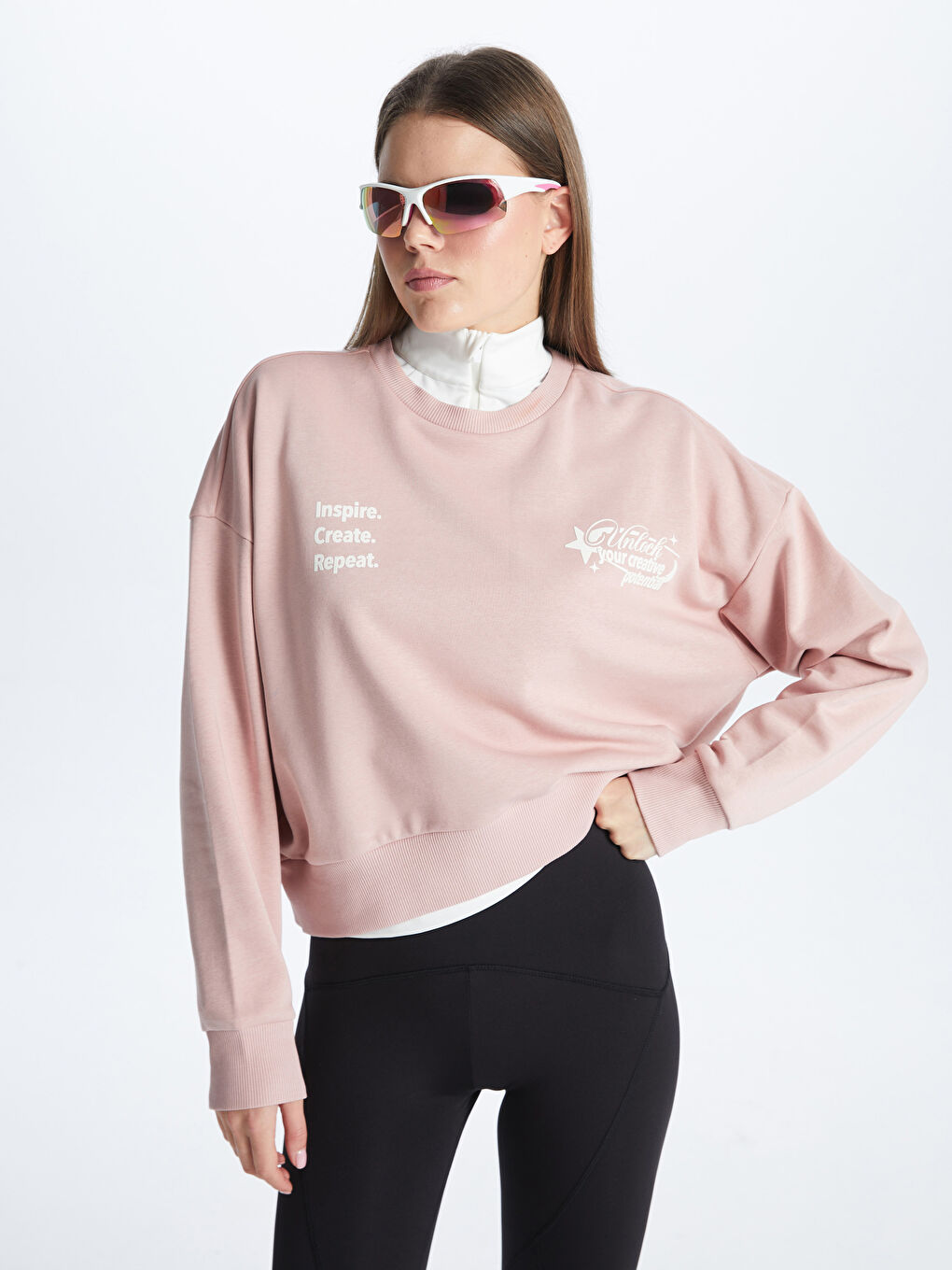 Xside Active Açık Pembe Bisiklet Yaka Baskılı Uzun Kollu Oversize Kadın Sweatshirt