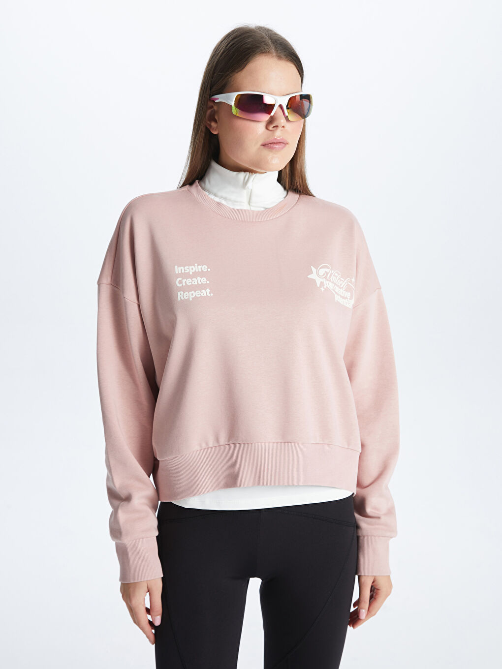 Xside Active Açık Pembe Bisiklet Yaka Baskılı Uzun Kollu Oversize Kadın Sweatshirt - 1