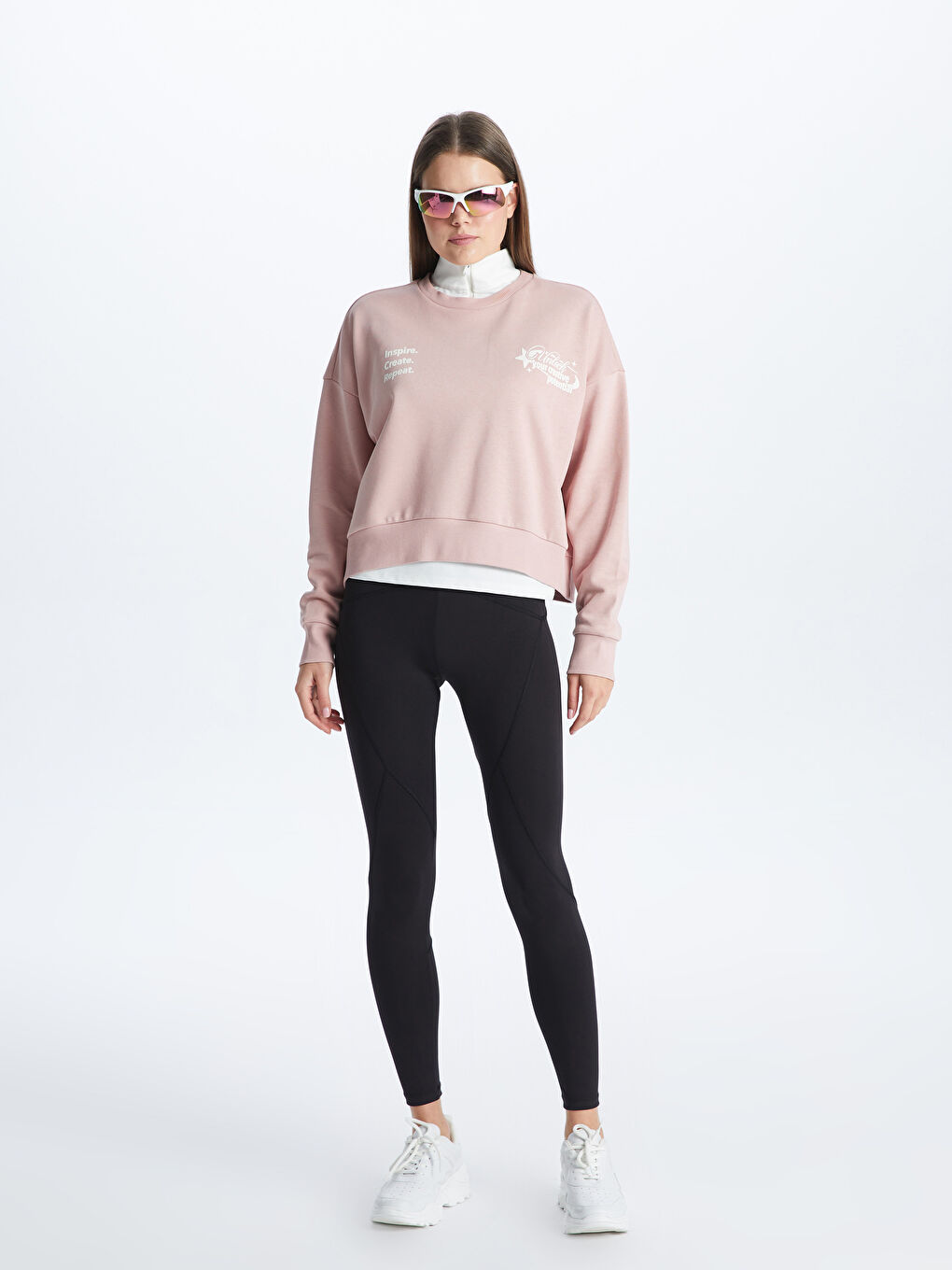 Xside Active Açık Pembe Bisiklet Yaka Baskılı Uzun Kollu Oversize Kadın Sweatshirt - 2