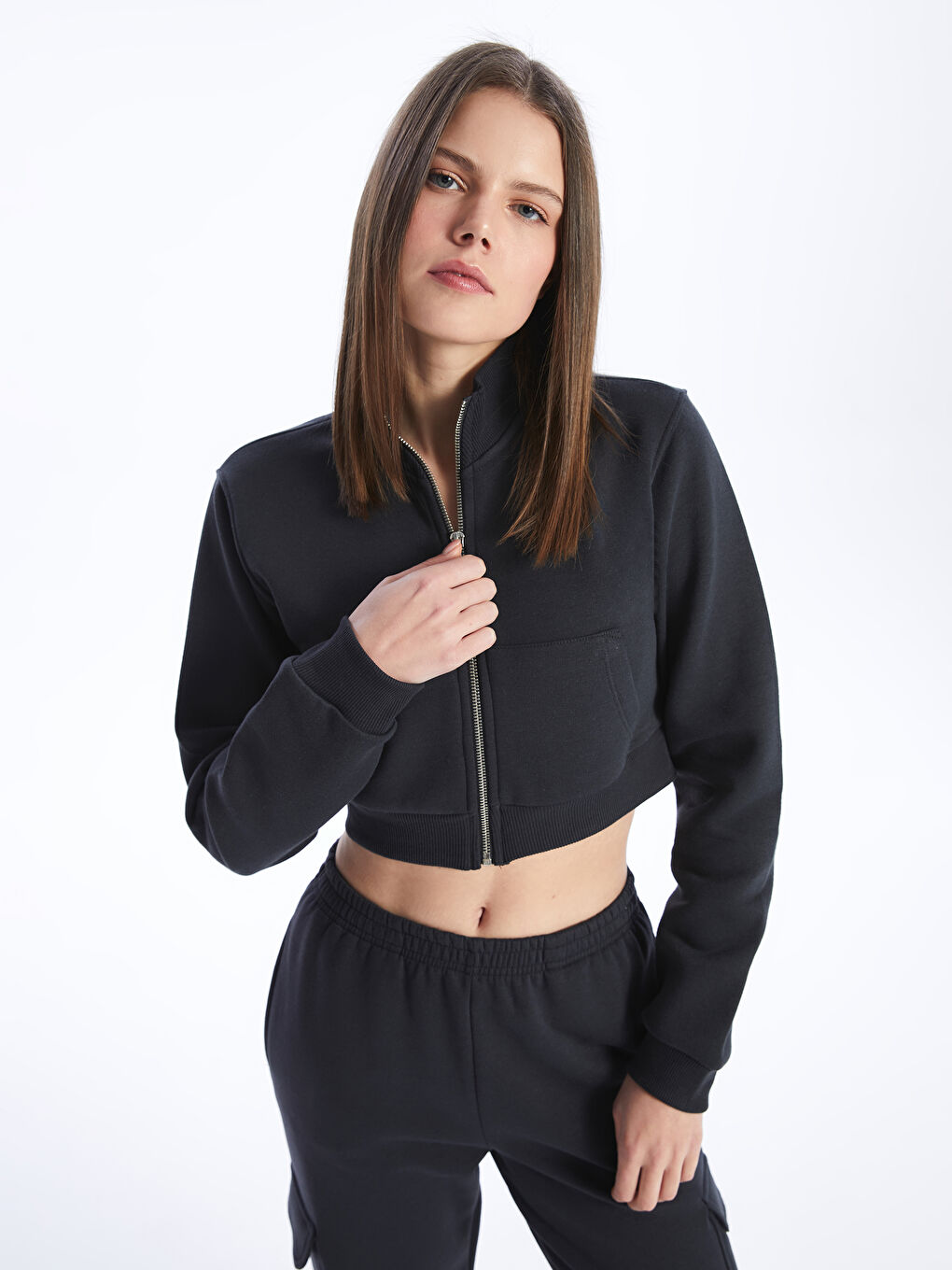 Xside Active Karbon Dik Yaka Düz Crop Kadın Fermuarlı Sweatshirt - 1