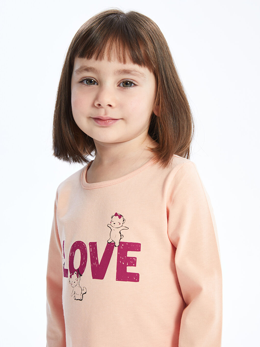 Bej Bisiklet Yaka Uzun Kollu Baskılı Kız Bebek Tişört