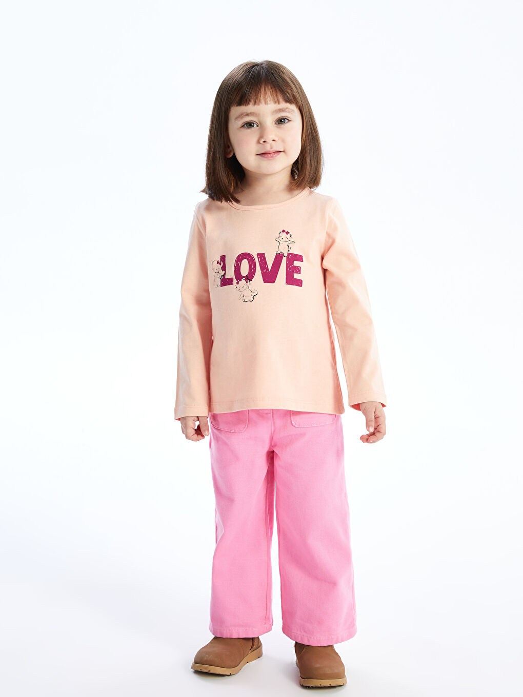 Bej Bisiklet Yaka Uzun Kollu Baskılı Kız Bebek Tişört-1