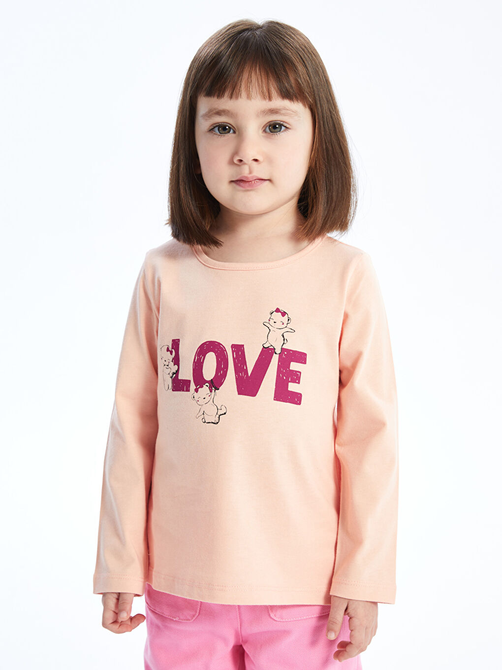 Bej Bisiklet Yaka Uzun Kollu Baskılı Kız Bebek Tişört-2